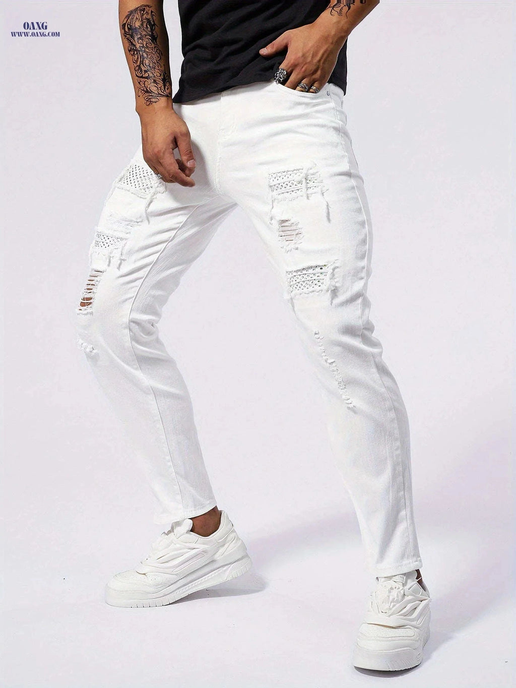 Men's Slim-Fit Distressed White Jeans - Stylish Rhinestone Stitching   OAXG 