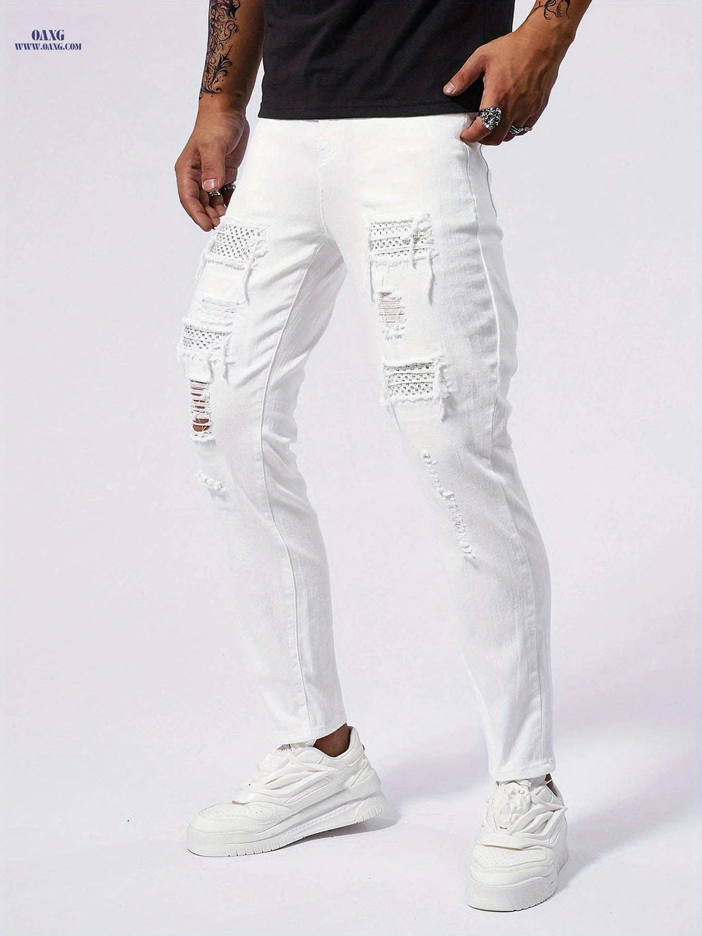 Men's Slim-Fit Distressed White Jeans - Stylish Rhinestone Stitching   OAXG White / FR 34-36
