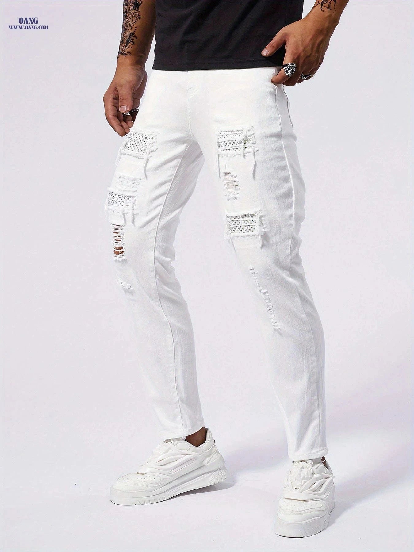 Men's Slim-Fit Distressed White Jeans - Stylish Rhinestone Stitching   OAXG White / FR 34-36