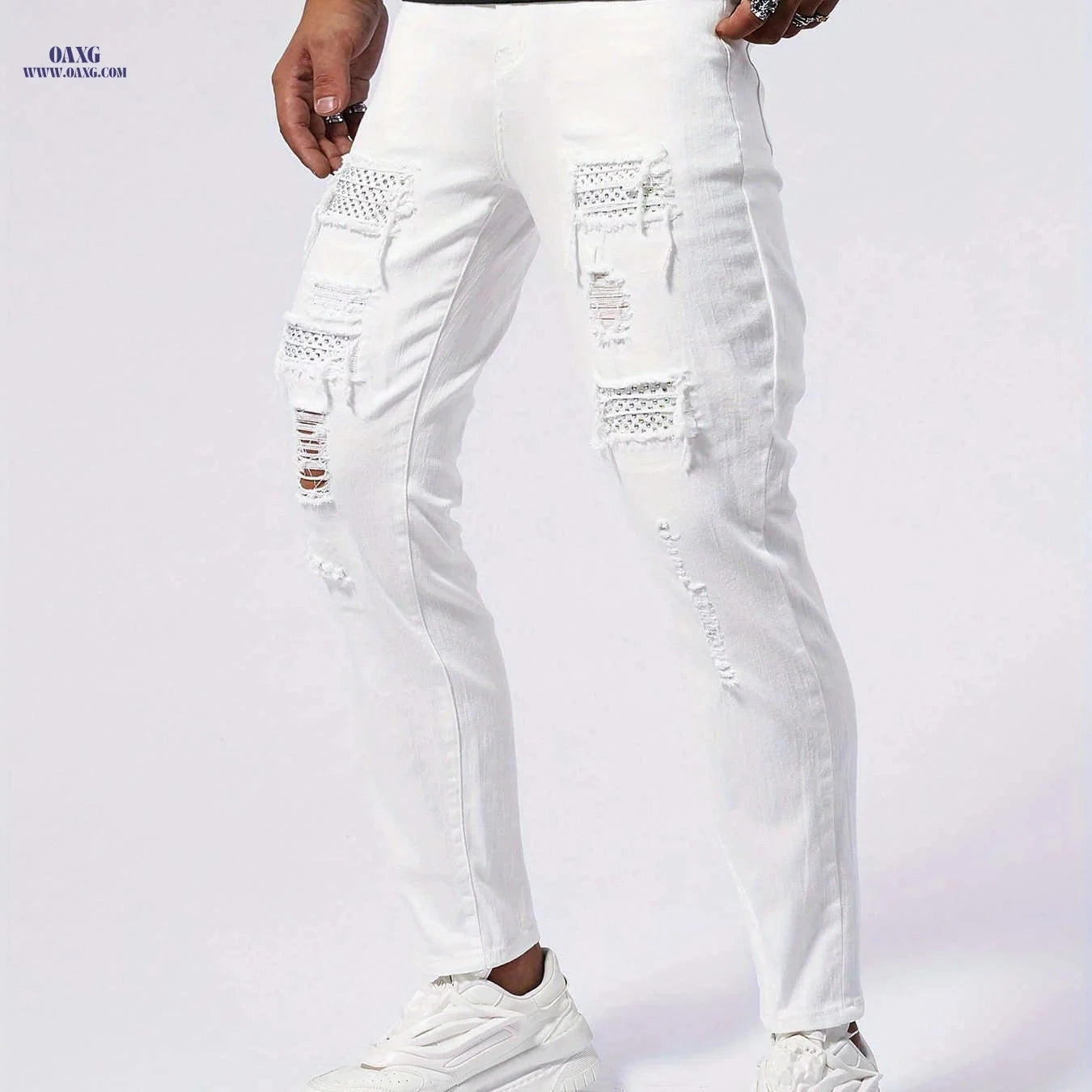 Men's Slim-Fit Distressed White Jeans - Stylish Rhinestone Stitching   OAXG White / FR 34-36