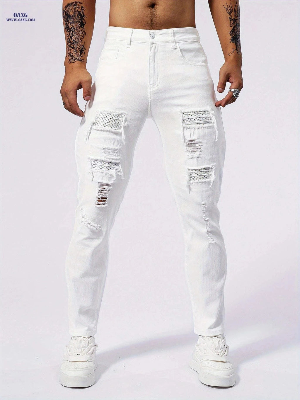 Men's Slim-Fit Distressed White Jeans - Stylish Rhinestone Stitching   OAXG White / FR 34-36