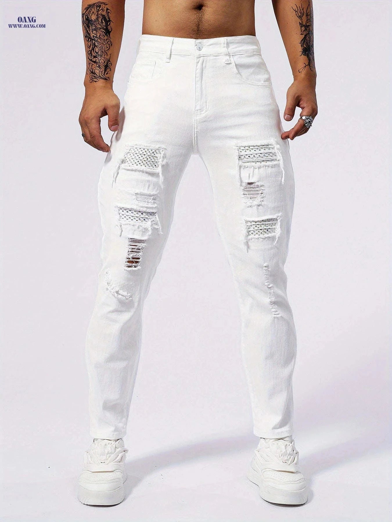 Men's Slim-Fit Distressed White Jeans - Stylish Rhinestone Stitching   OAXG White / FR 34-36