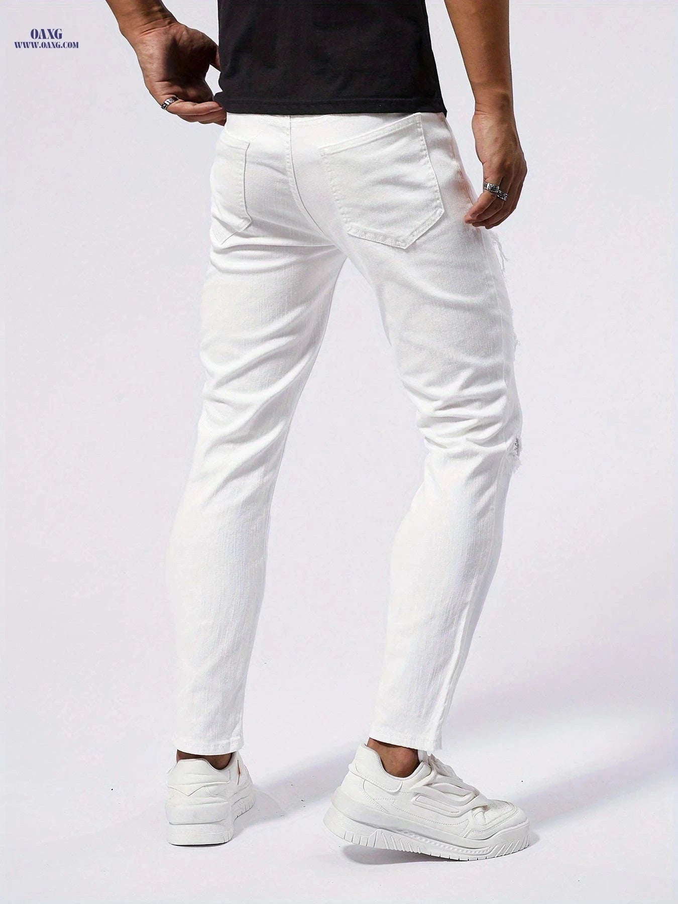 Men's Slim-Fit Distressed White Jeans - Stylish Rhinestone Stitching   OAXG White / FR 34-36