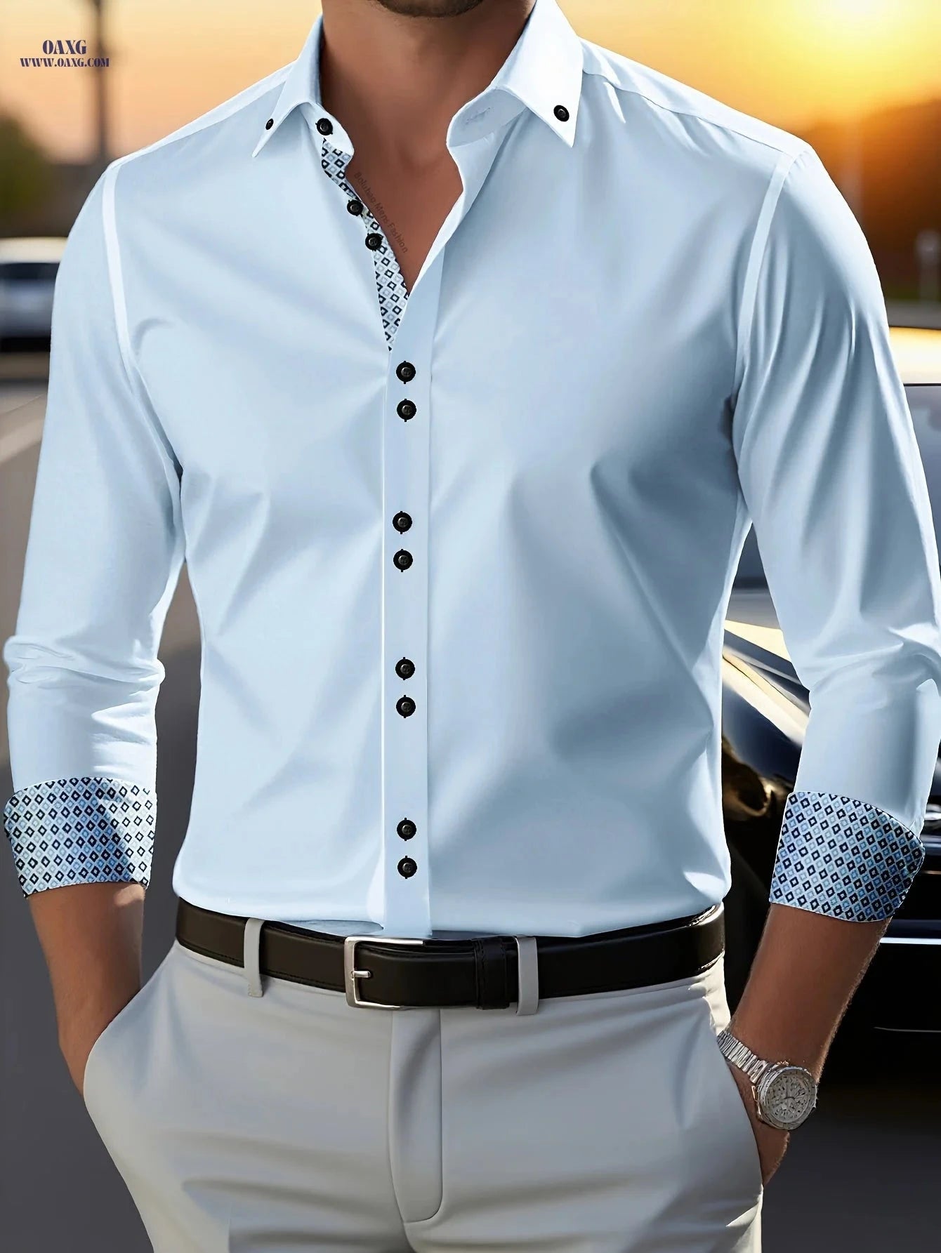 Men's Slim Fit Dress Shirt - Diamond Lattice Polyester, All-Season   OAXG 