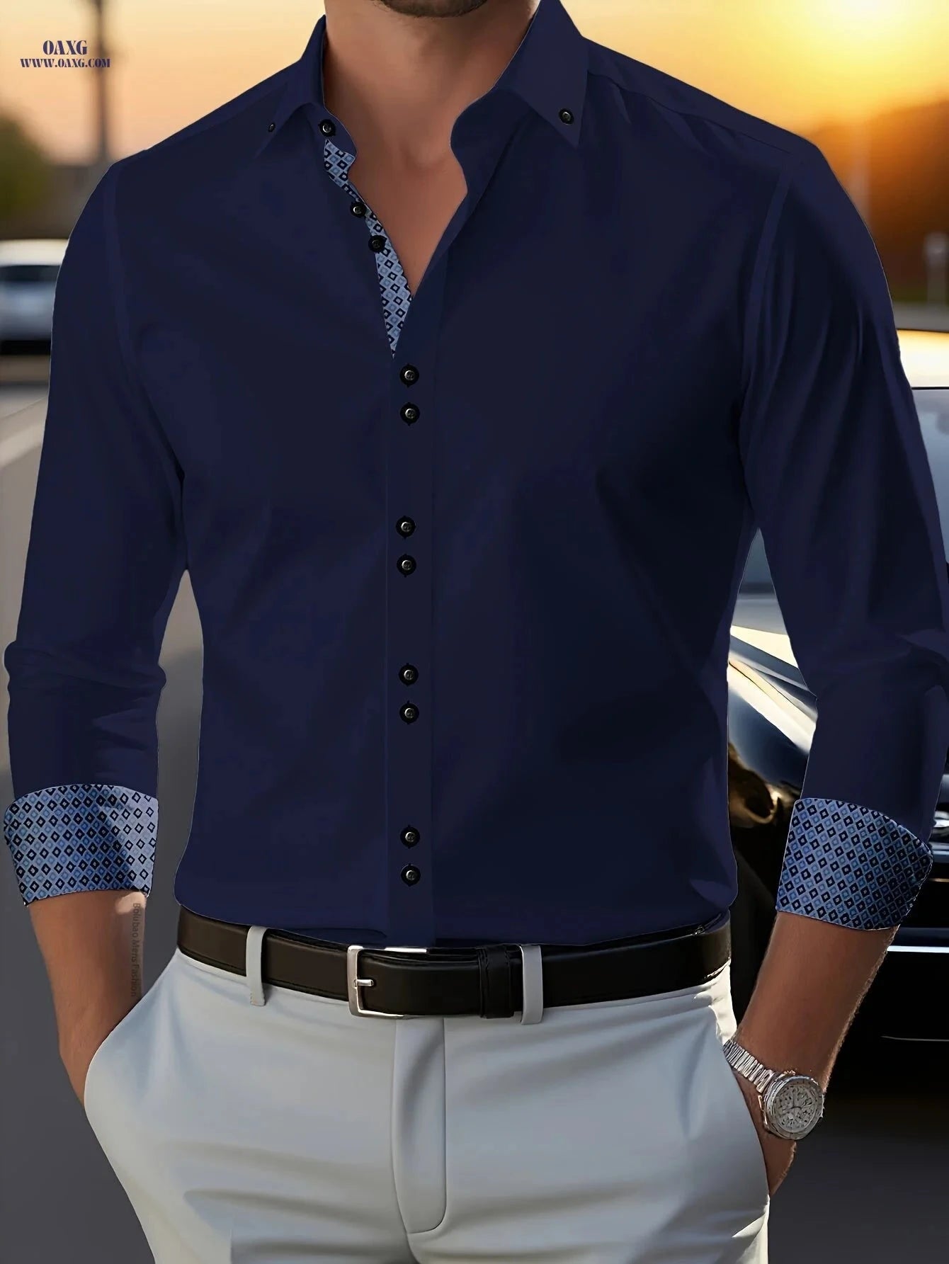 Men's Slim Fit Dress Shirt - Diamond Lattice Polyester, All-Season   OAXG 