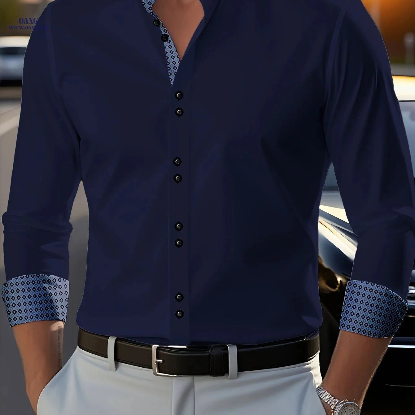 Men's Slim Fit Dress Shirt - Diamond Lattice Polyester, All-Season   OAXG 