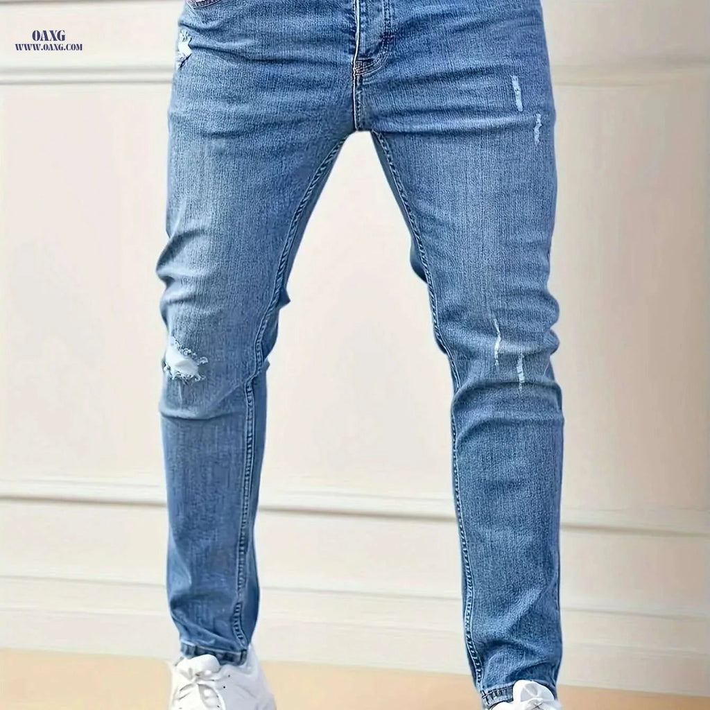 Men's Slim Fit High Waist Stretch Jeans - Ripped Denim Casual Pants   OAXG 