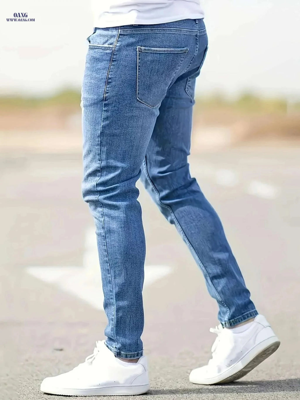 Men's Slim Fit High Waist Stretch Jeans - Ripped Denim Casual Pants   OAXG Blue / XS