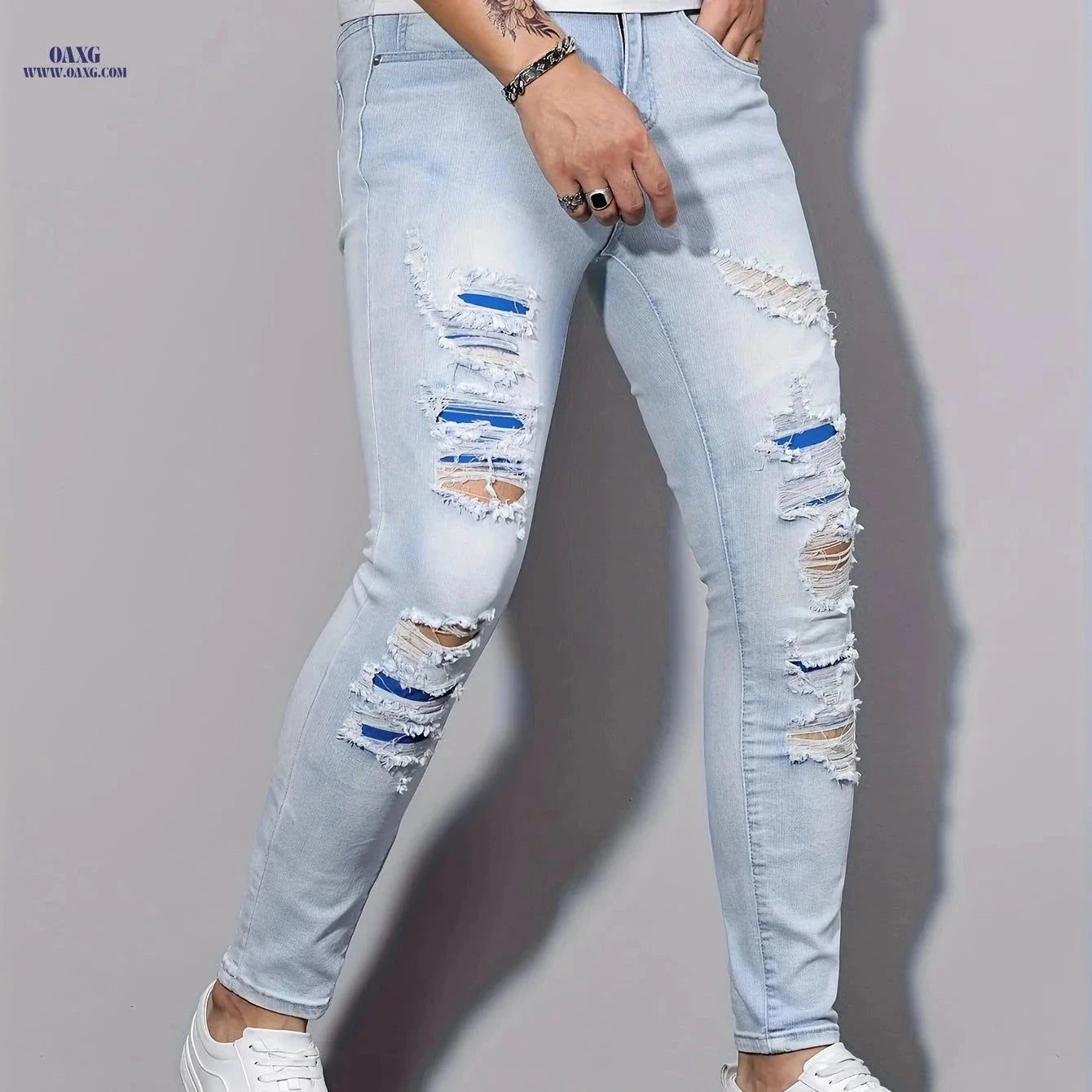 Men's Slim Fit Jeans - Casual Skinny Denim for All Seasons   OAXG Light Blue / FR XS