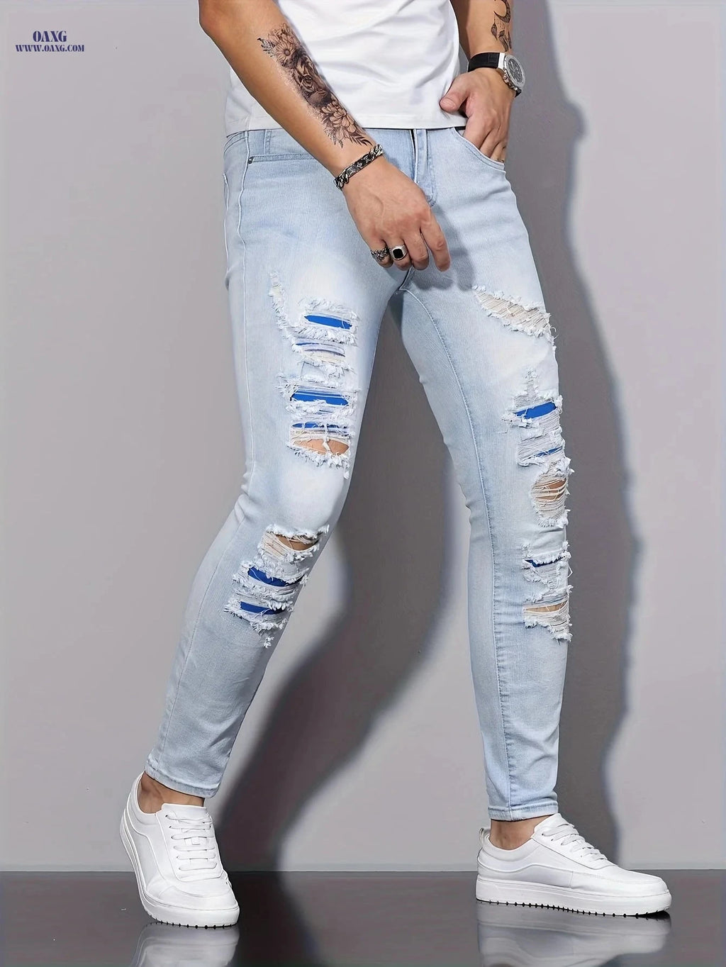Men's Slim Fit Jeans - Casual Skinny Denim for All Seasons   OAXG Light Blue / FR XS