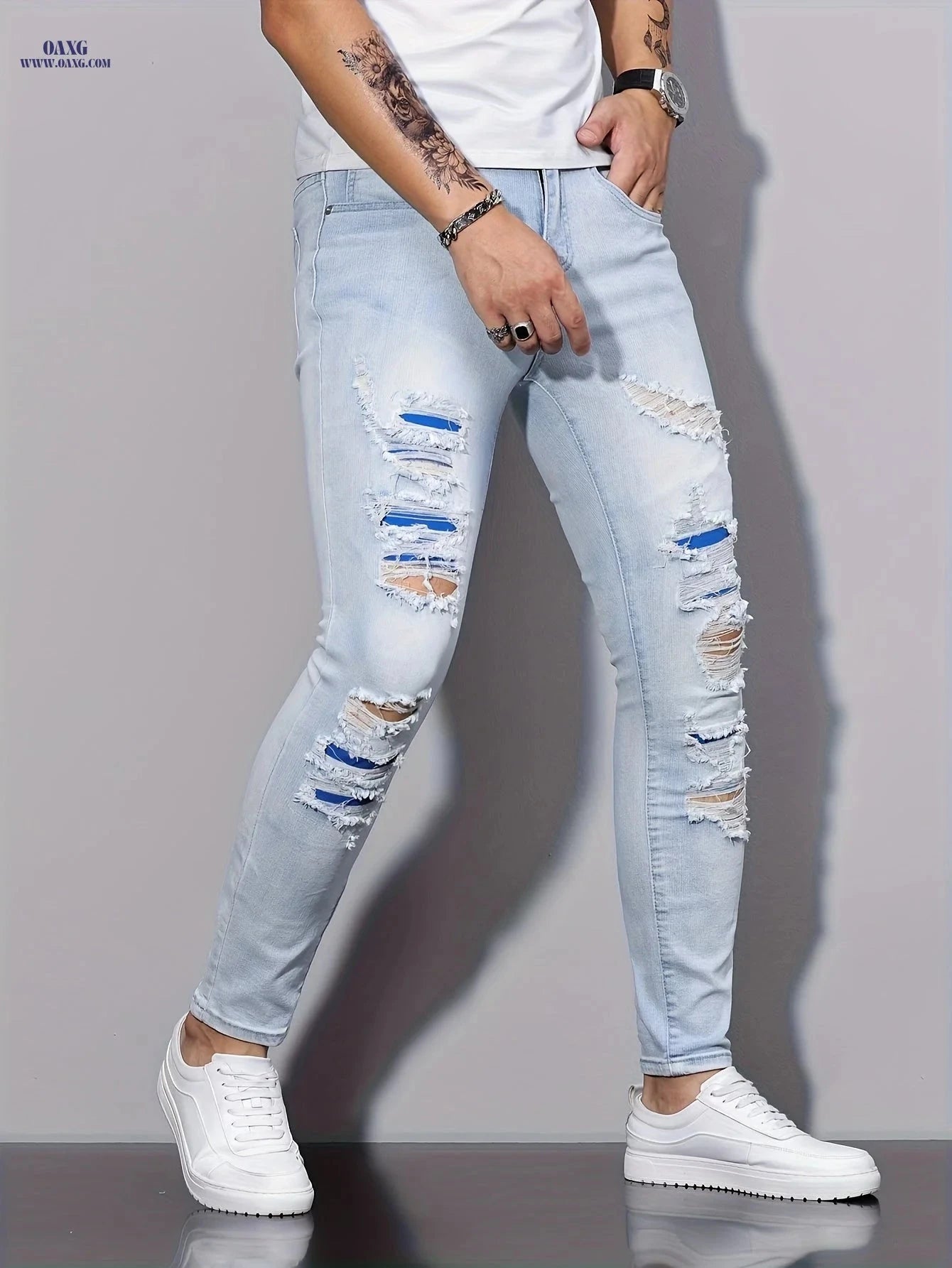 Men's Slim Fit Jeans - Casual Skinny Denim for All Seasons   OAXG Light Blue / FR XS