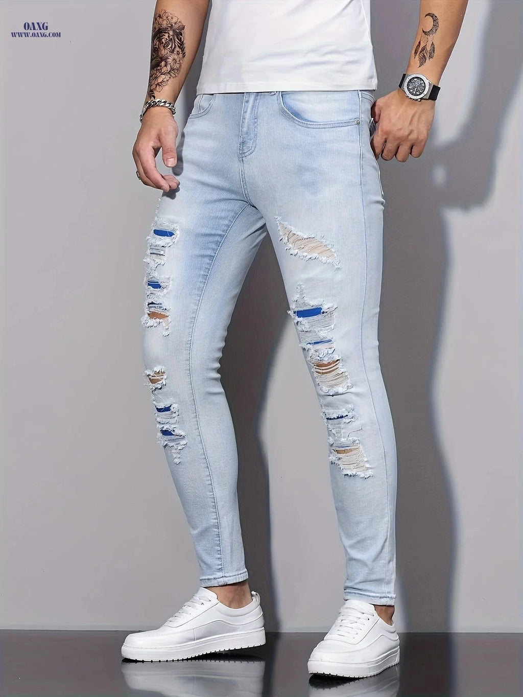 Men's Slim Fit Jeans - Casual Skinny Denim for All Seasons   OAXG Light Blue / FR XS