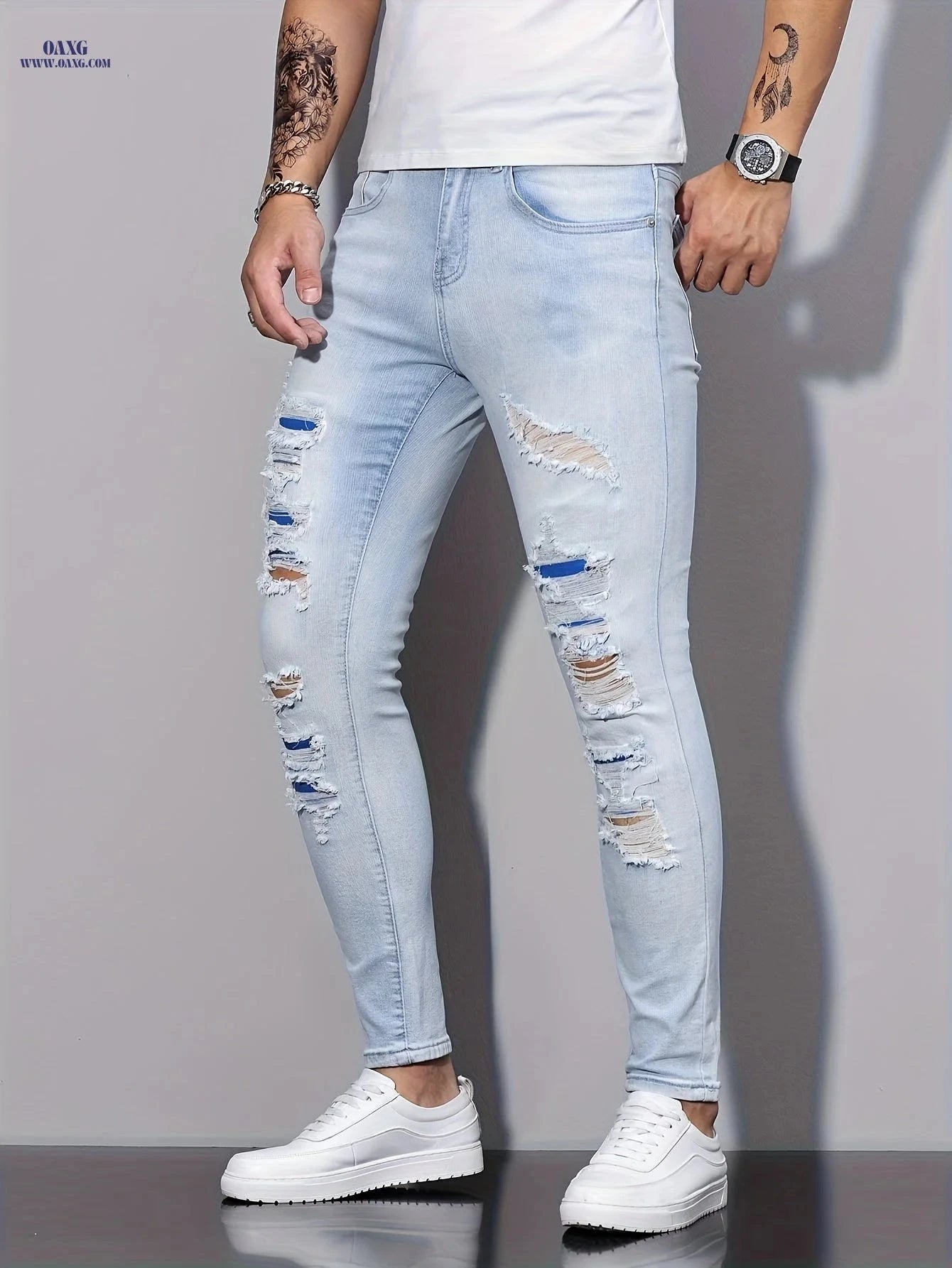 Men's Slim Fit Jeans - Casual Skinny Denim for All Seasons   OAXG Light Blue / FR XS