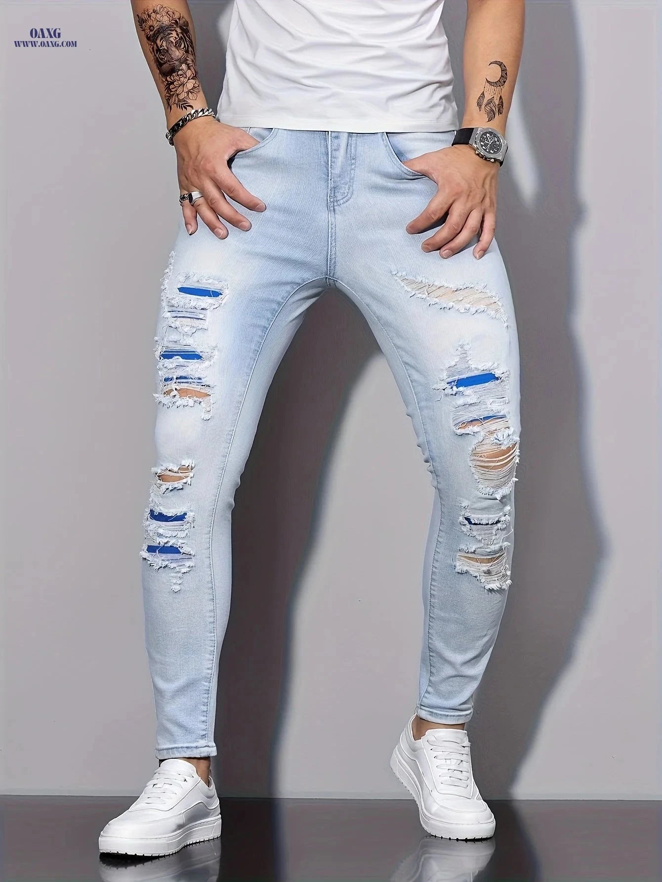 Men's Slim Fit Jeans - Casual Skinny Denim for All Seasons   OAXG Light Blue / FR XS