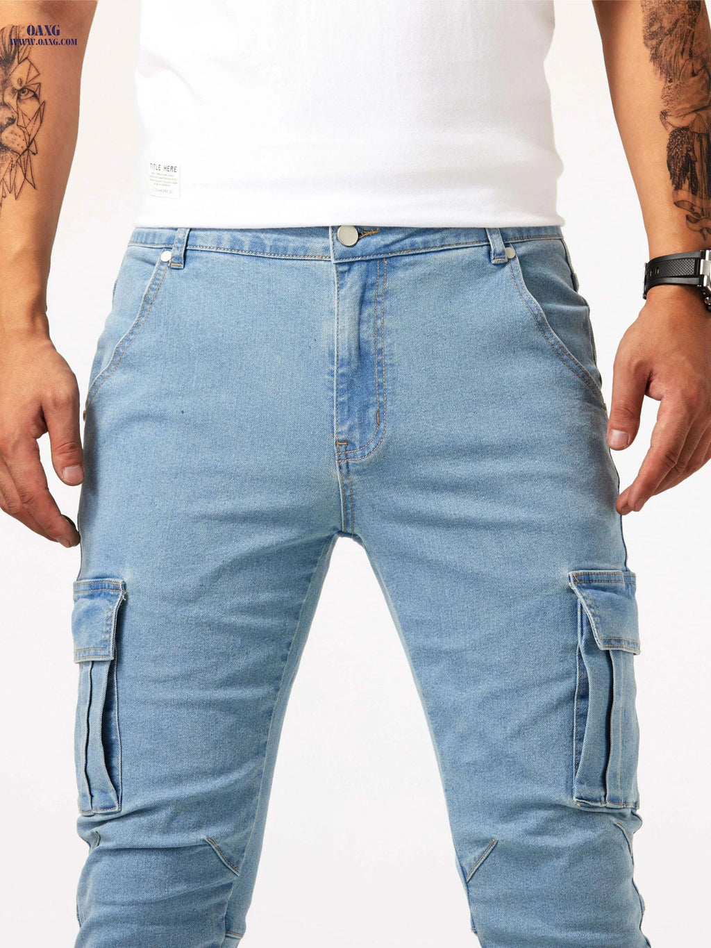 Men's Slim Fit Multi Pocket Jeans - Casual Medium Stretch Denim   OAXG 