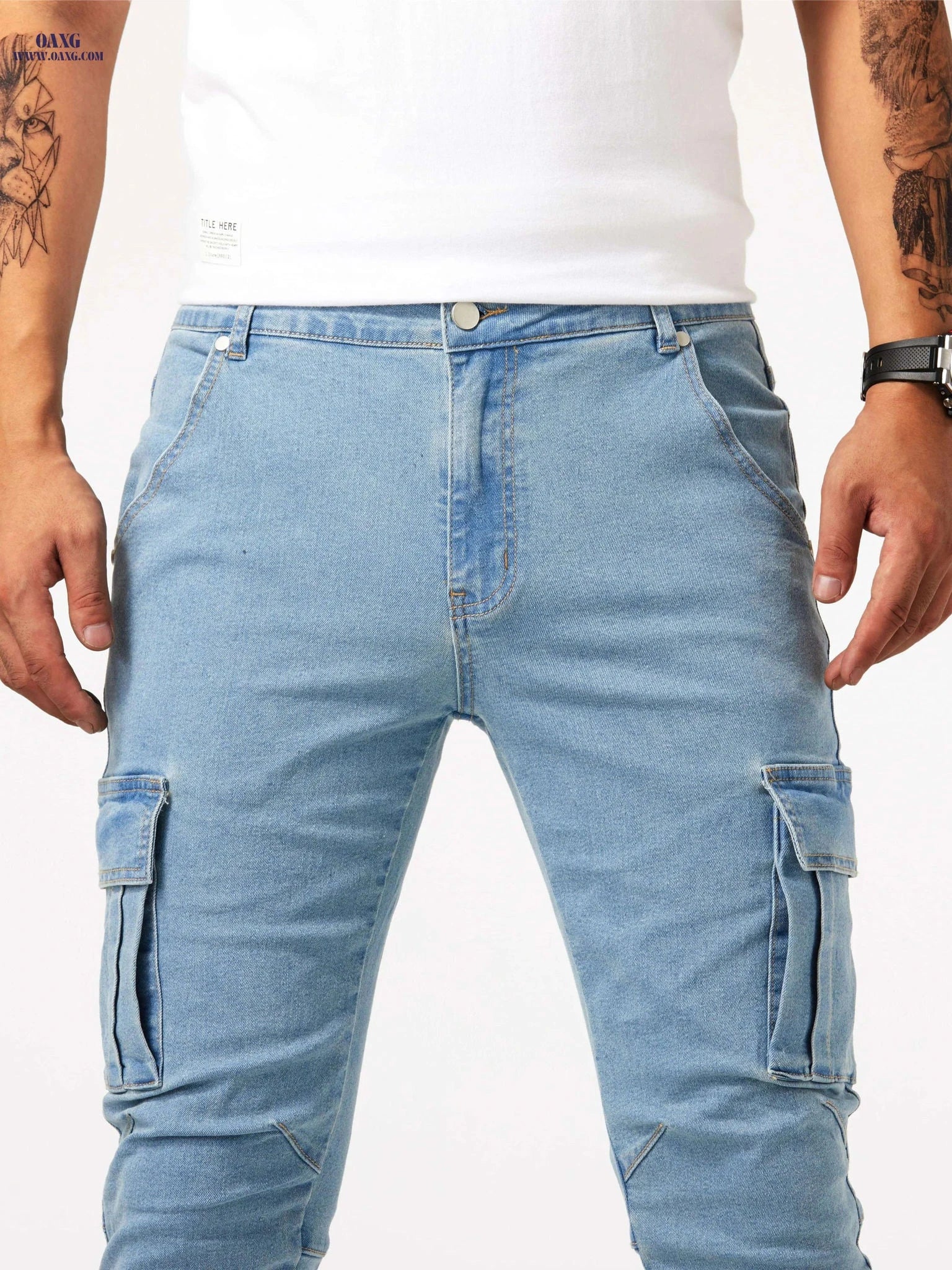 Men's Slim Fit Multi Pocket Jeans - Casual Medium Stretch Denim   OAXG 
