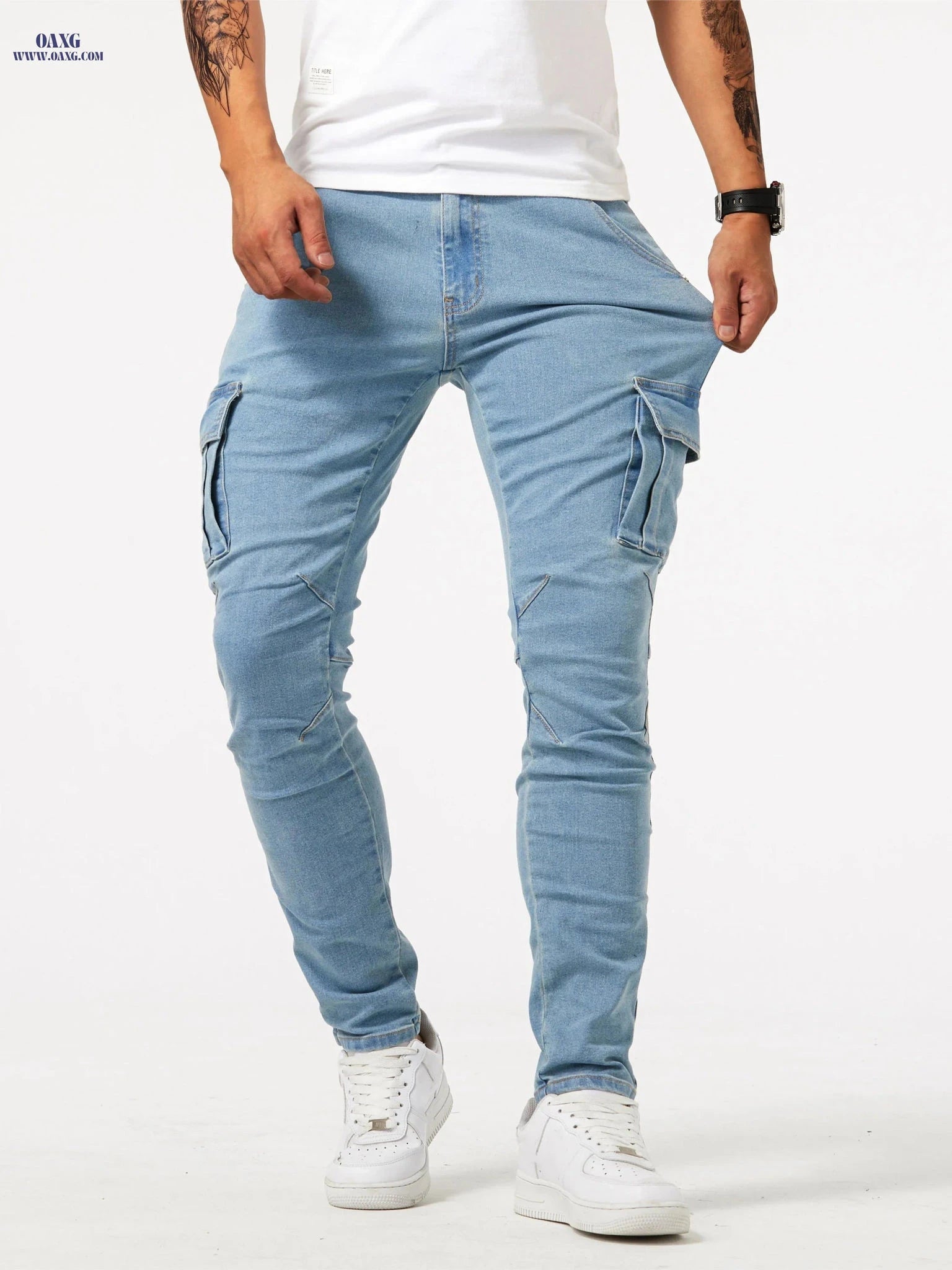 Men's Slim Fit Multi Pocket Jeans - Casual Medium Stretch Denim   OAXG 