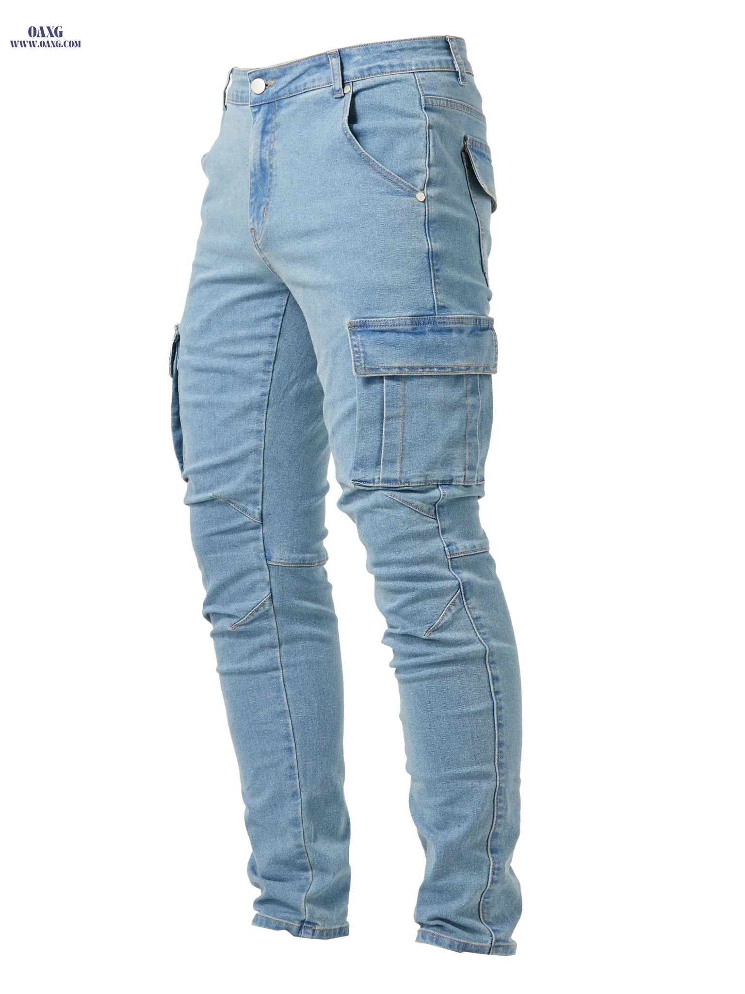 Men's Slim Fit Multi Pocket Jeans - Casual Medium Stretch Denim   OAXG Light Blue / FR 38
