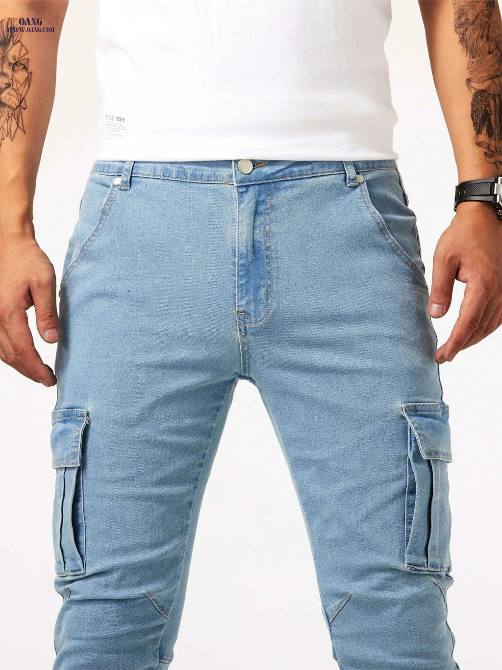 Men's Slim Fit Multi Pocket Jeans - Casual Medium Stretch Denim   OAXG Light Blue / FR 38