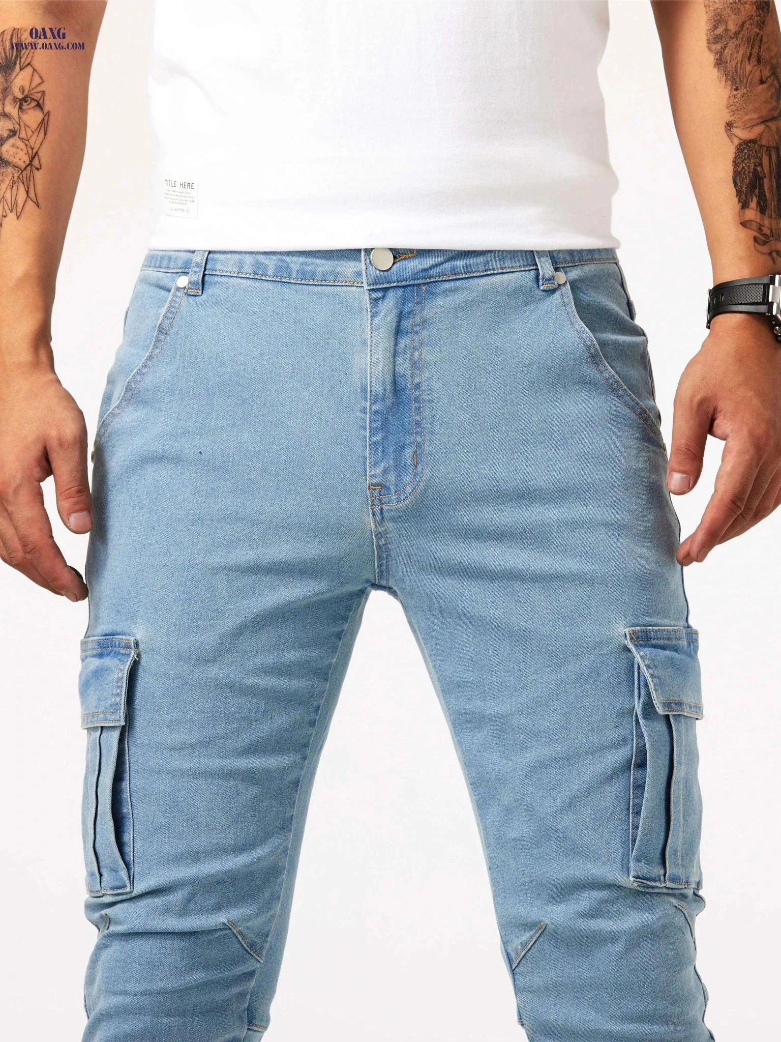 Men's Slim Fit Multi Pocket Jeans - Casual Medium Stretch Denim   OAXG Light Blue / FR 38