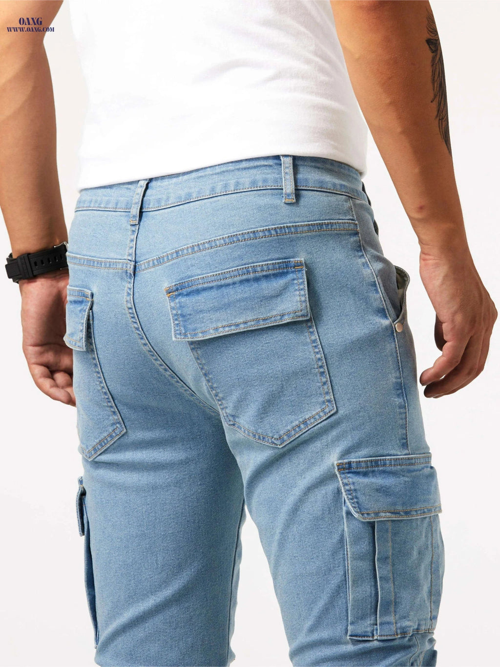 Men's Slim Fit Multi Pocket Jeans - Casual Medium Stretch Denim   OAXG Light Blue / FR 38