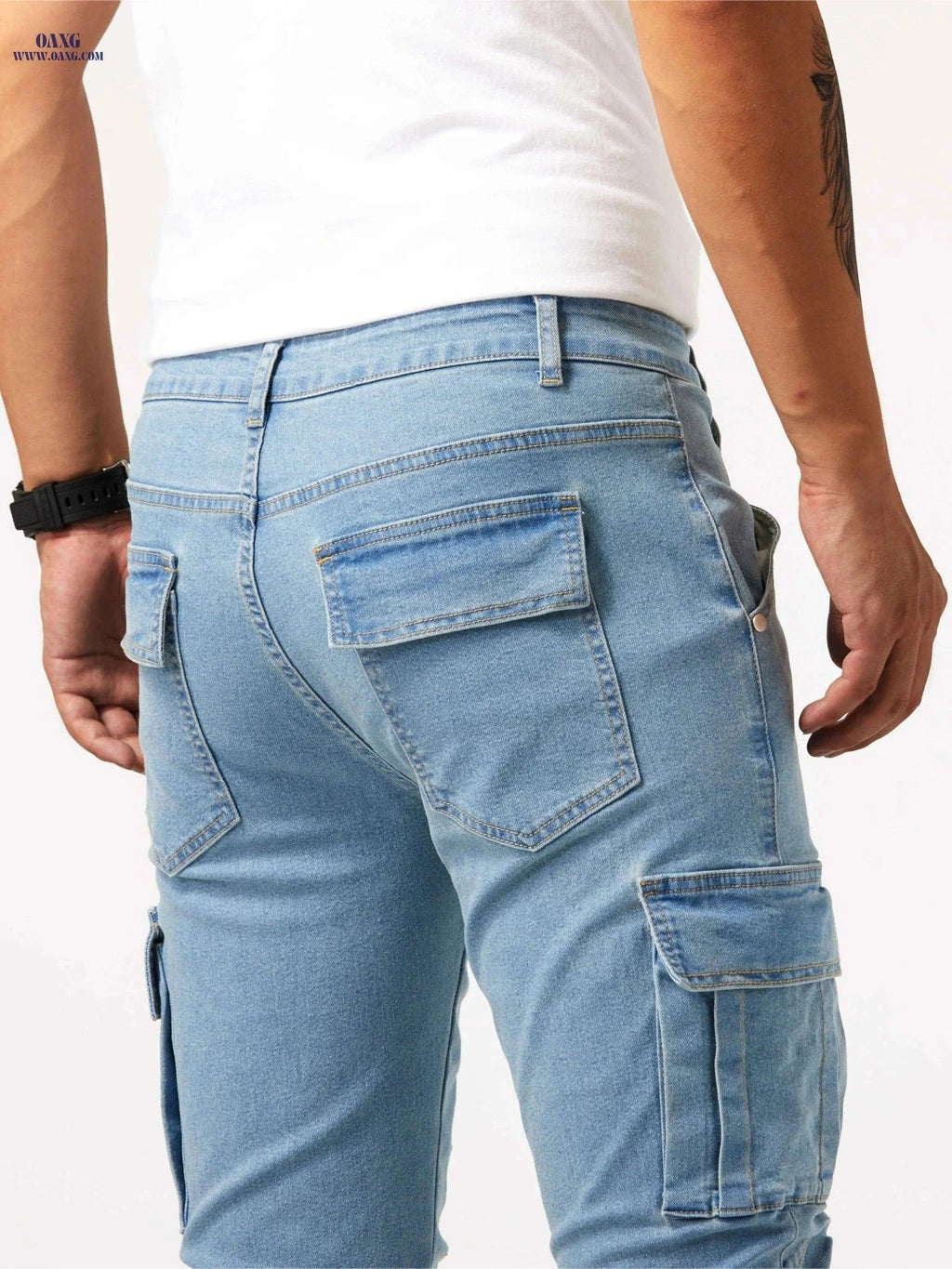 Men's Slim Fit Multi Pocket Jeans - Casual Medium Stretch Denim   OAXG Light Blue / FR 38