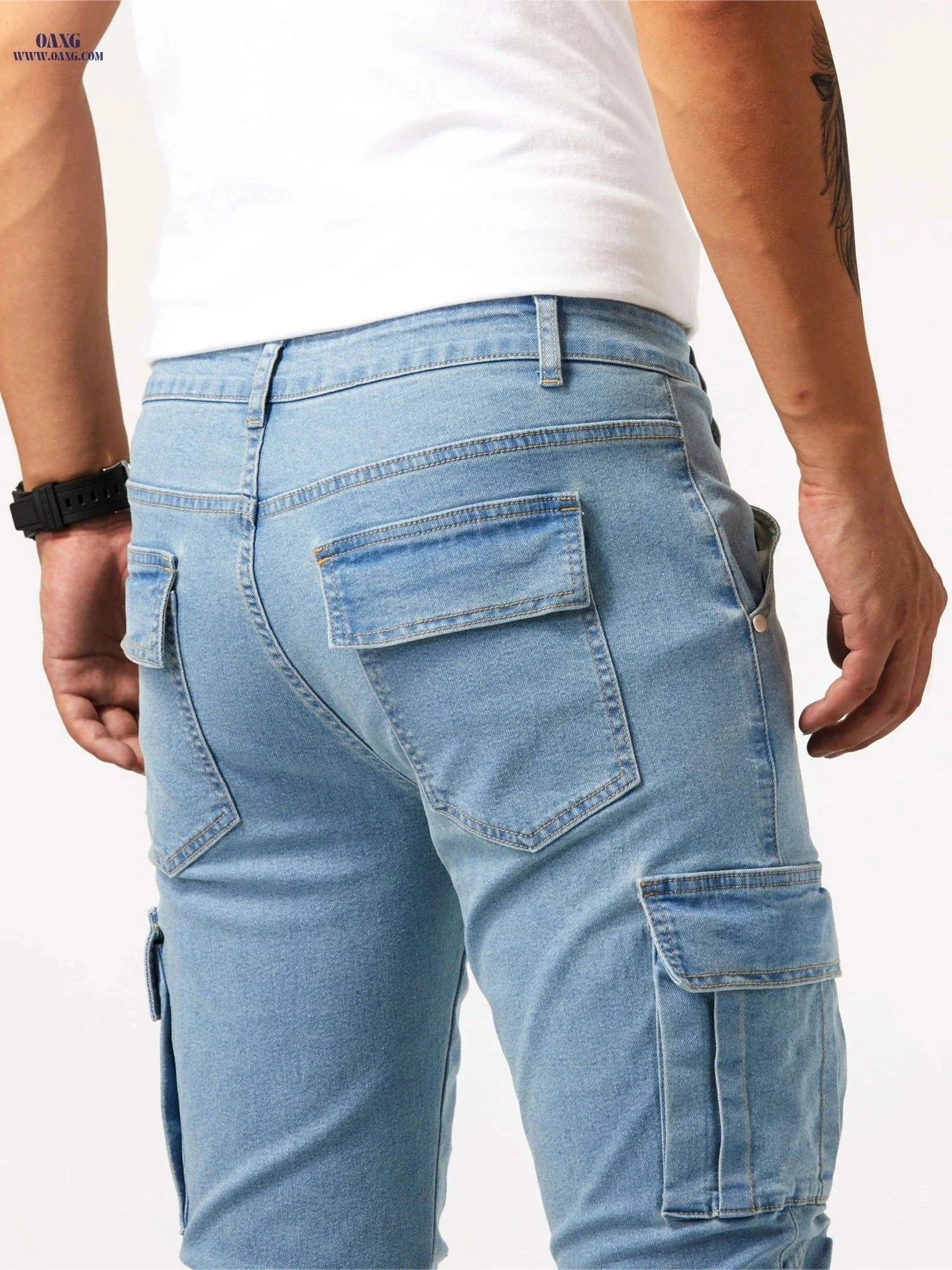 Men's Slim Fit Multi Pocket Jeans - Casual Medium Stretch Denim   OAXG Light Blue / FR 38
