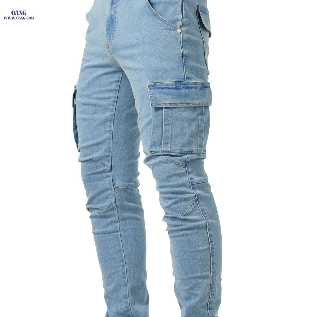 Men's Slim Fit Multi Pocket Jeans - Casual Medium Stretch Denim   OAXG 
