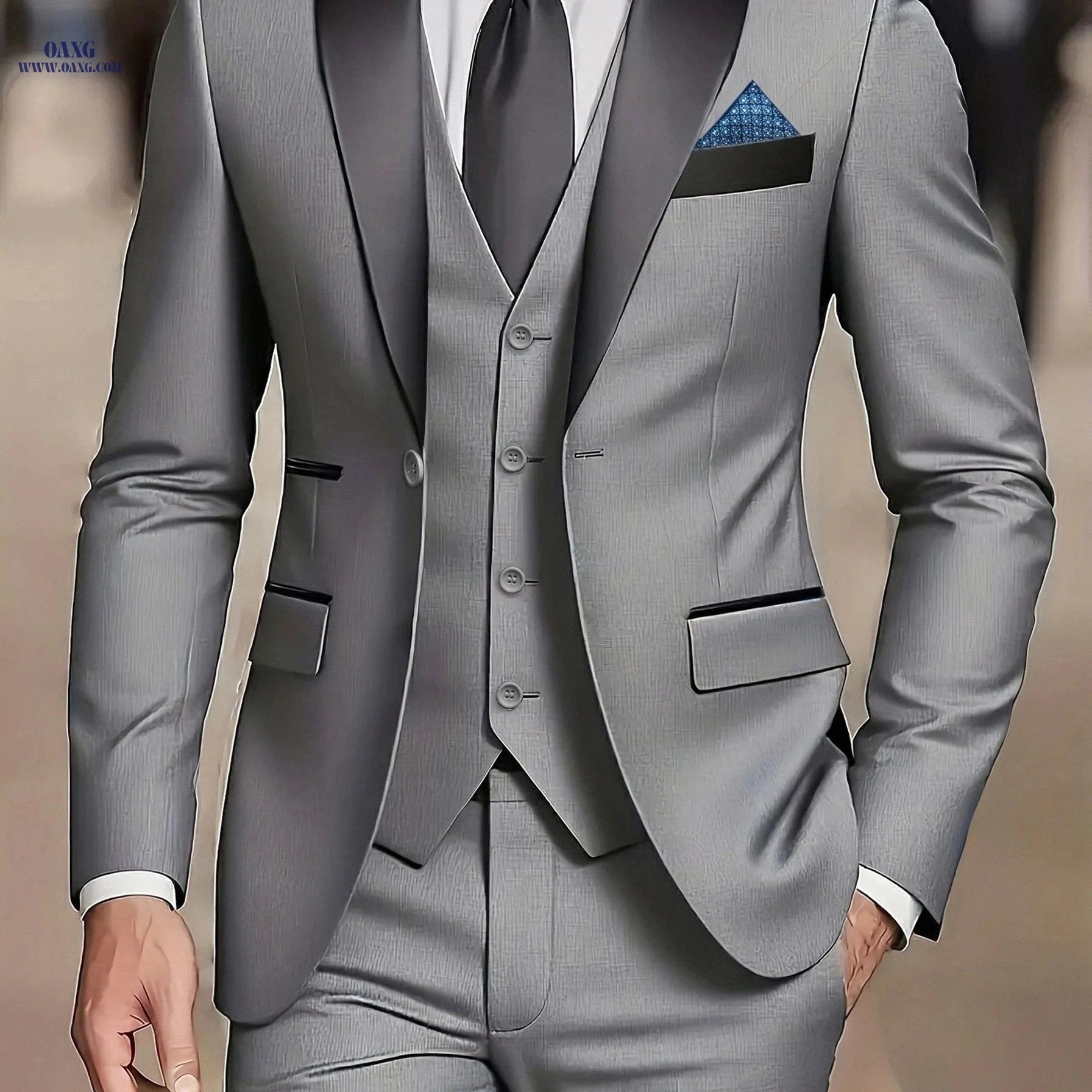 Men’s Slim-Fit Notch Lapel Suit 3pcs Set - Perfect for Weddings & Dinners   OAXG 