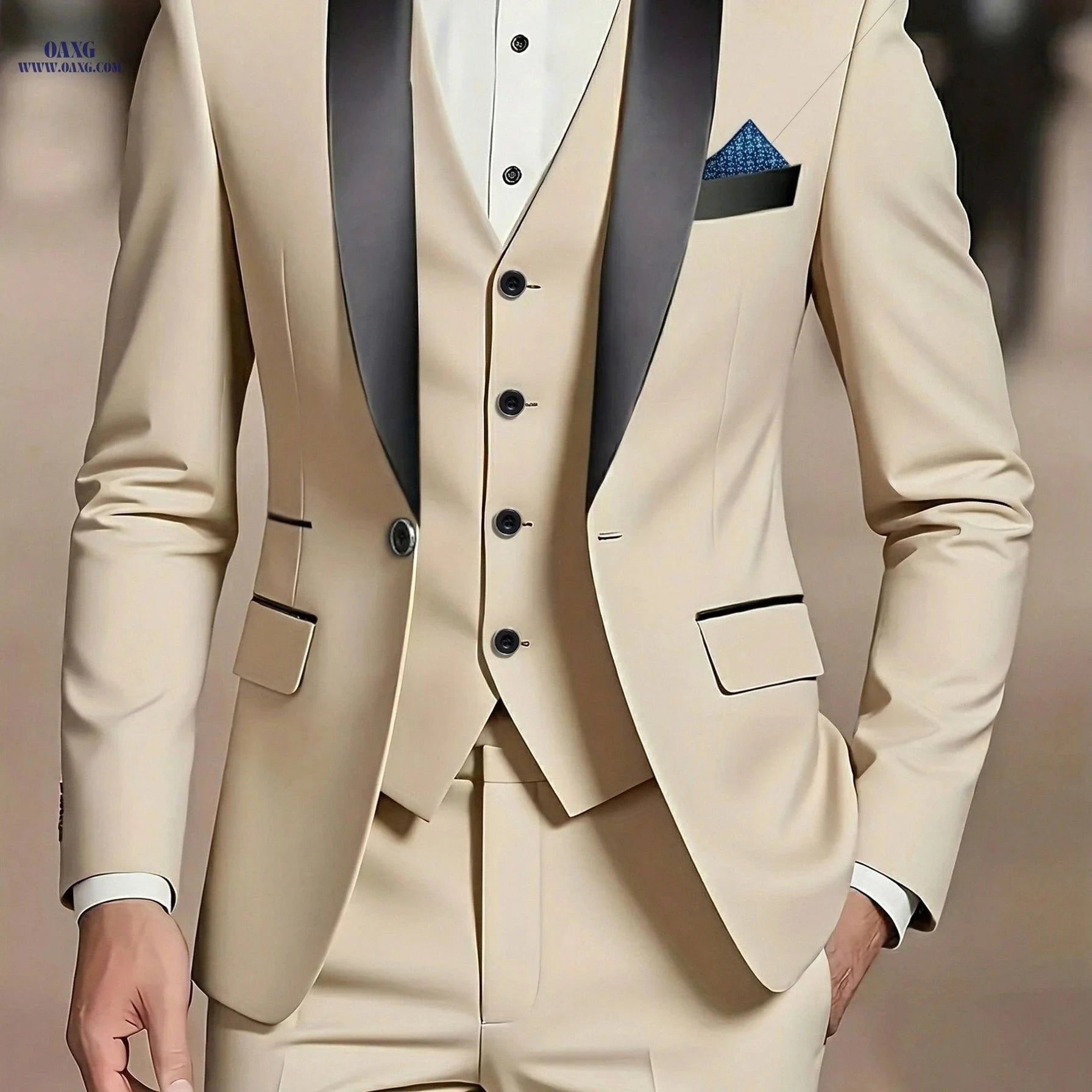 Men’s Slim-Fit Notch Lapel Suit 3pcs Set - Perfect for Weddings & Dinners   OAXG Beige / FR XXS