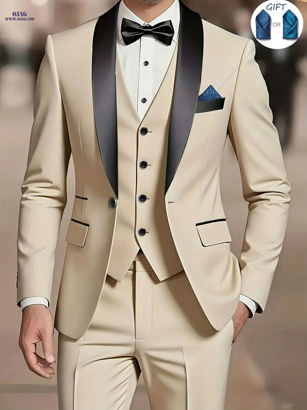 Men’s Slim-Fit Notch Lapel Suit 3pcs Set - Perfect for Weddings & Dinners   OAXG Beige / FR XXS