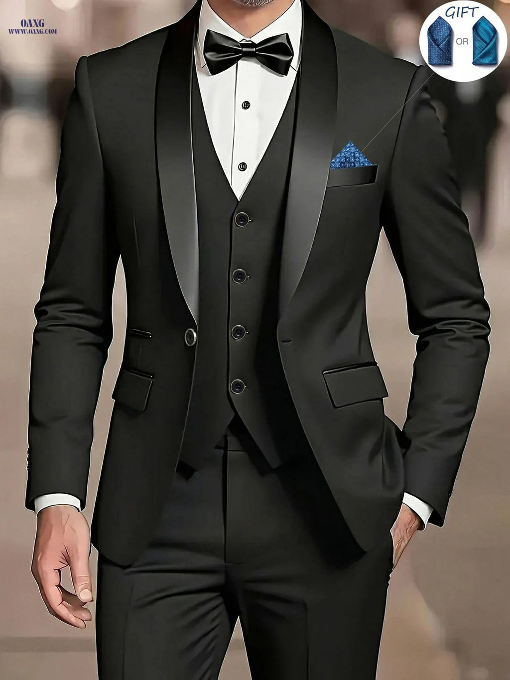 Men’s Slim-Fit Notch Lapel Suit 3pcs Set - Perfect for Weddings & Dinners   OAXG 