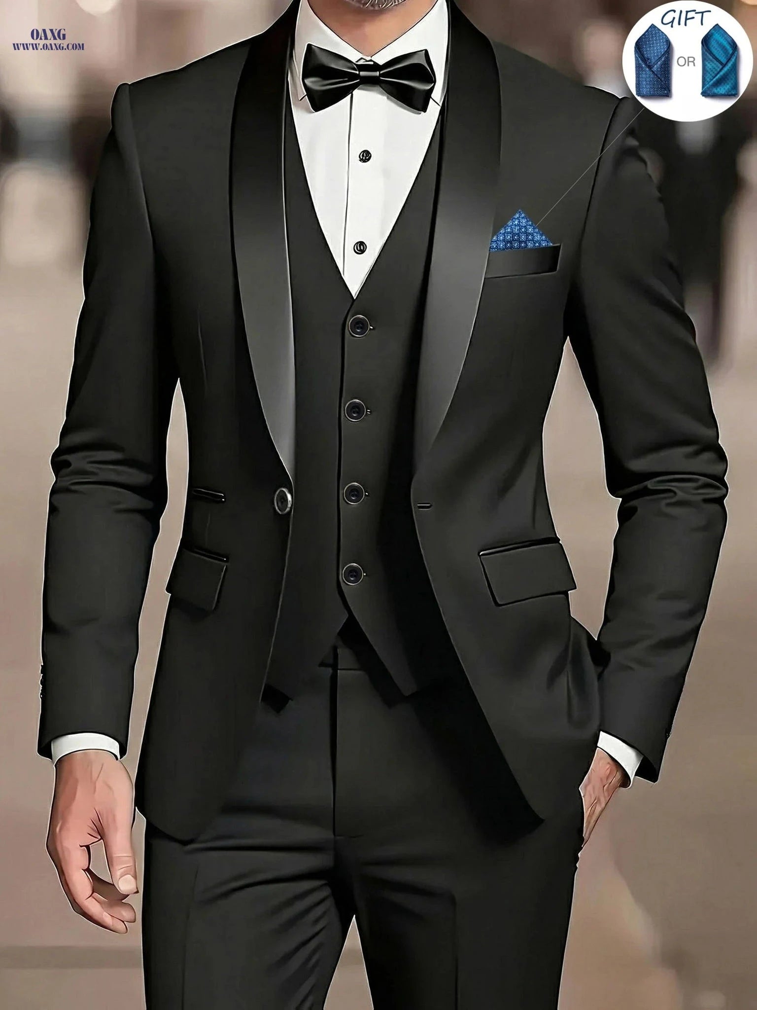 Men’s Slim-Fit Notch Lapel Suit 3pcs Set - Perfect for Weddings & Dinners   OAXG 