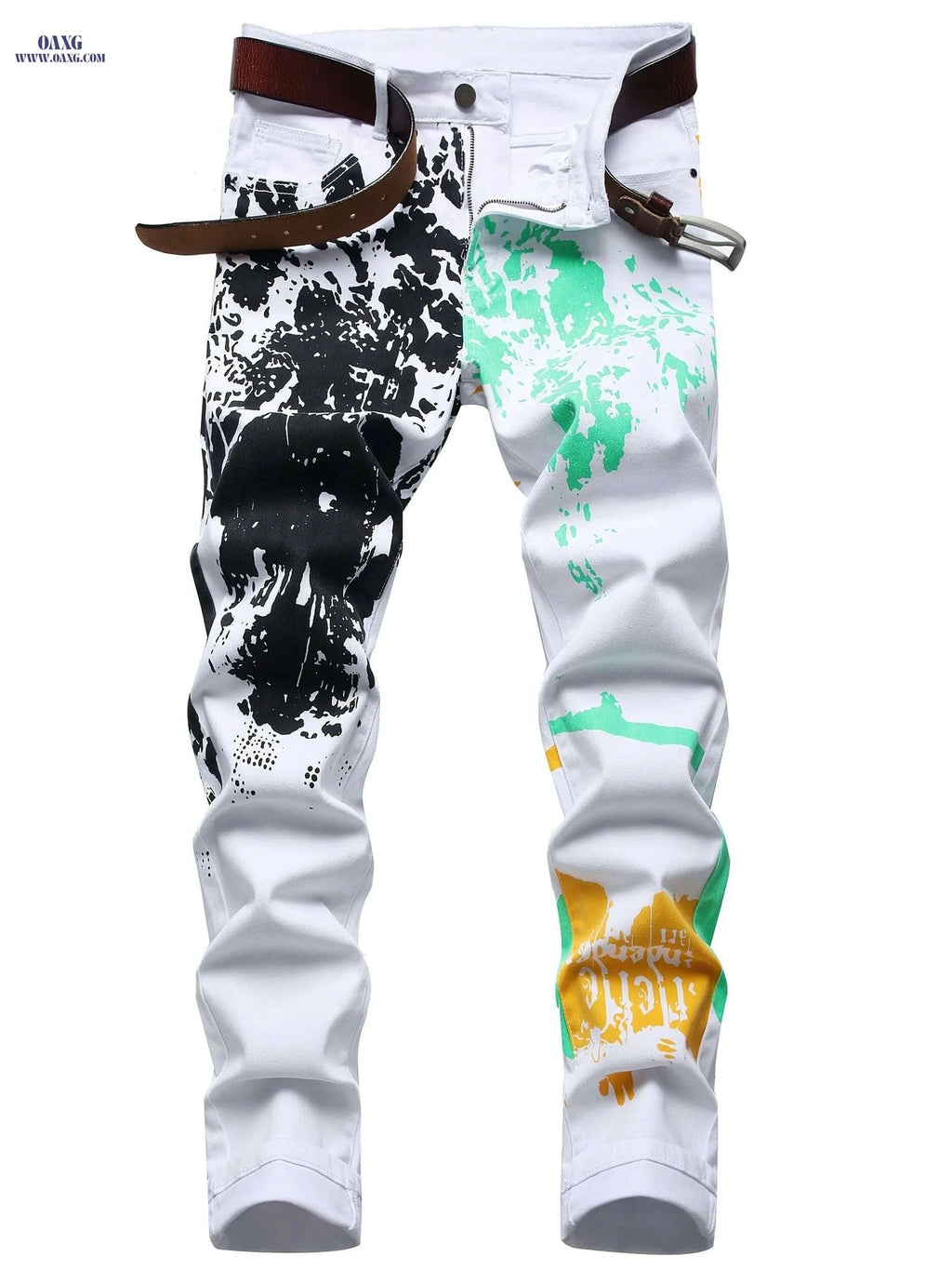 Men's Slim-Fit Printed Denim Pants - Casual Cotton Blend Design   OAXG 