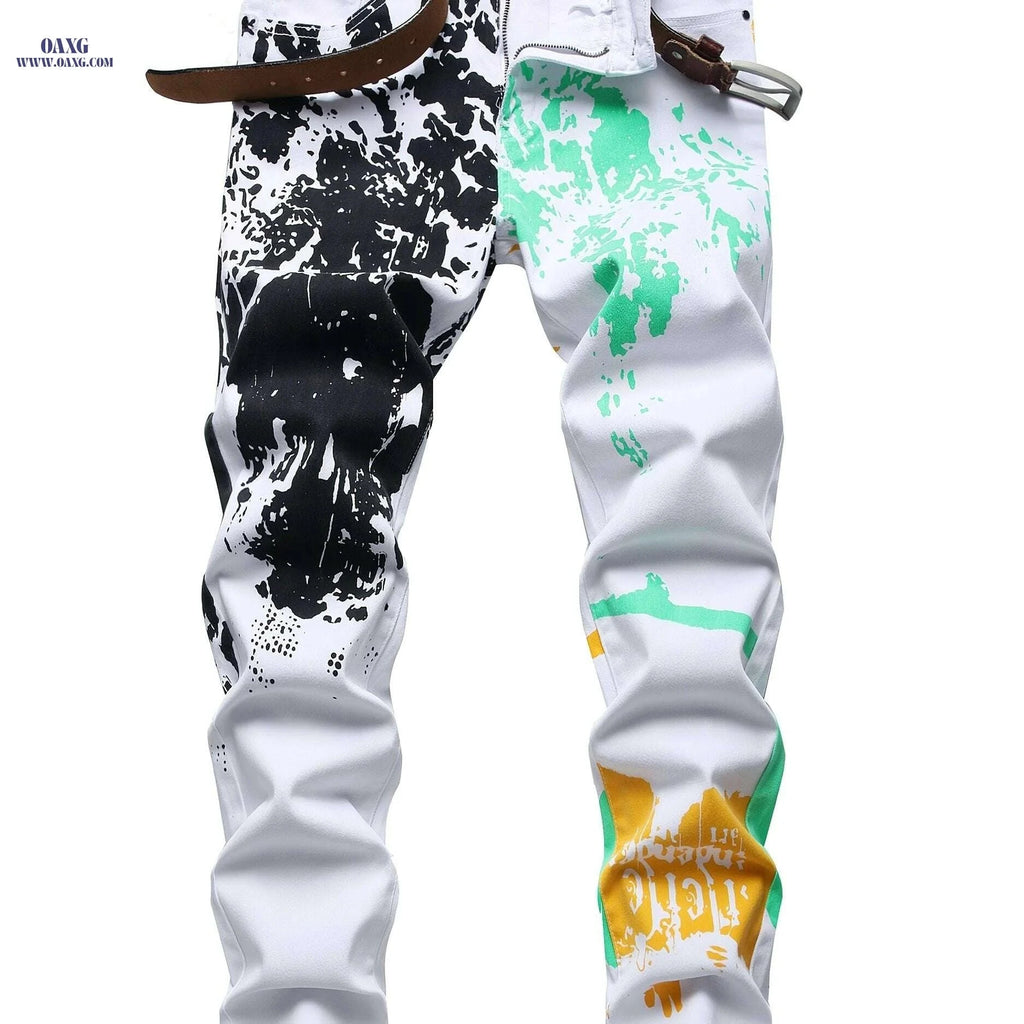 Men's Slim-Fit Printed Denim Pants - Casual Cotton Blend Design   OAXG Mixed Color / 30