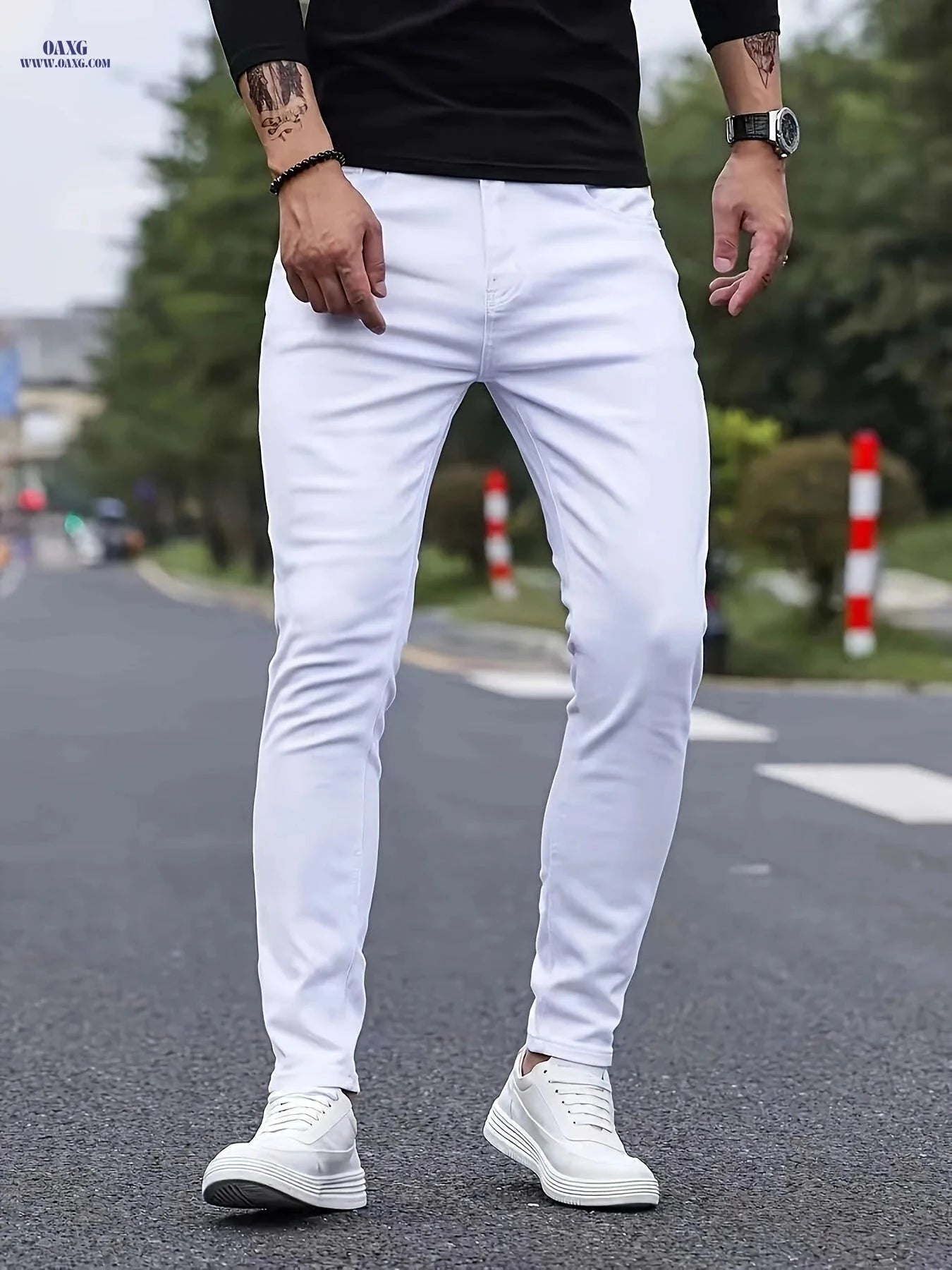 Men's Slim Fit Pure White Casual Jeans - Stylish & Versatile   OAXG 
