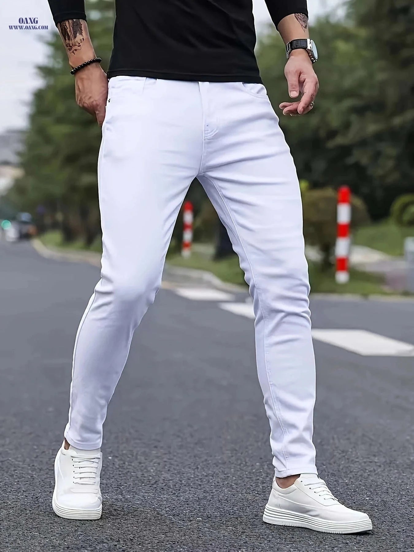 Men's Slim Fit Pure White Casual Jeans - Versatile & Stylish   OAXG 