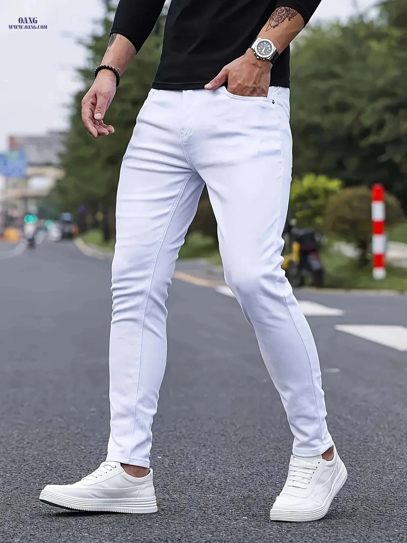 Men's Slim Fit Pure White Casual Jeans - Versatile & Stylish   OAXG 