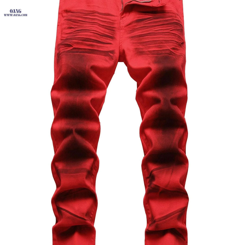 Men's Slim-Fit Red Stretch Casual Jeans - Perfect for Night Out   OAXG 