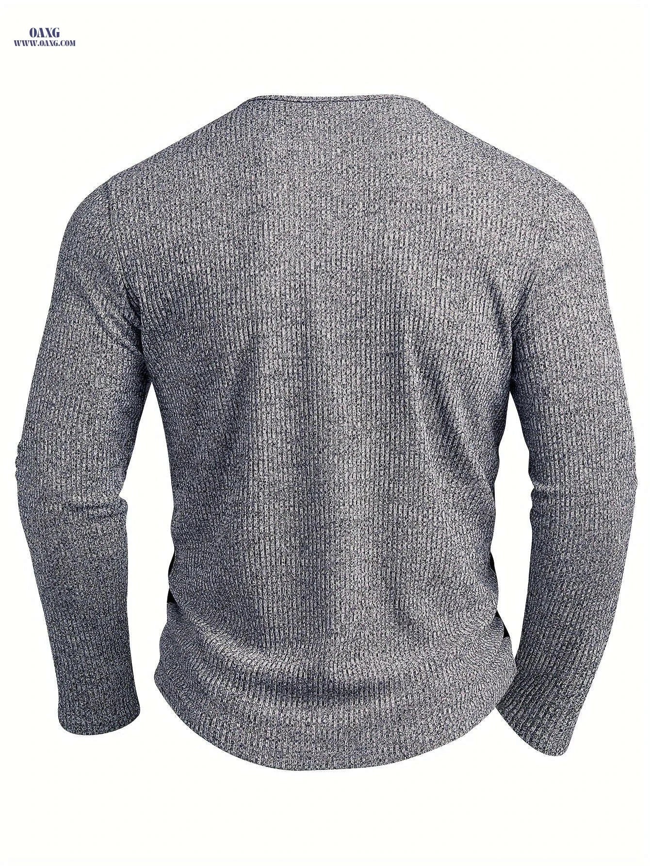 Men's Slim-Fit Ribbed Henley Shirt - Casual Two-Tone Long Sleeve   OAXG 