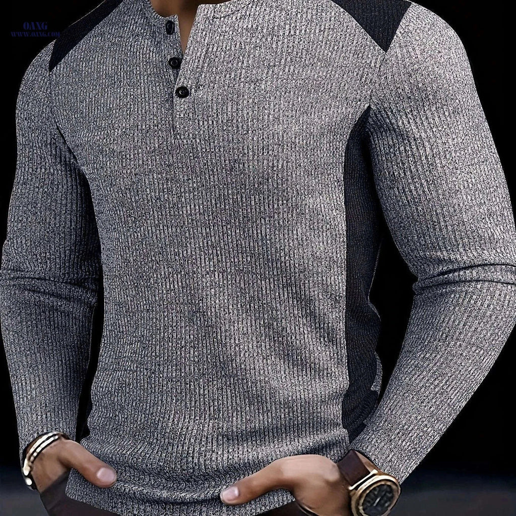 Men's Slim-Fit Ribbed Henley Shirt - Casual Two-Tone Long Sleeve   OAXG 