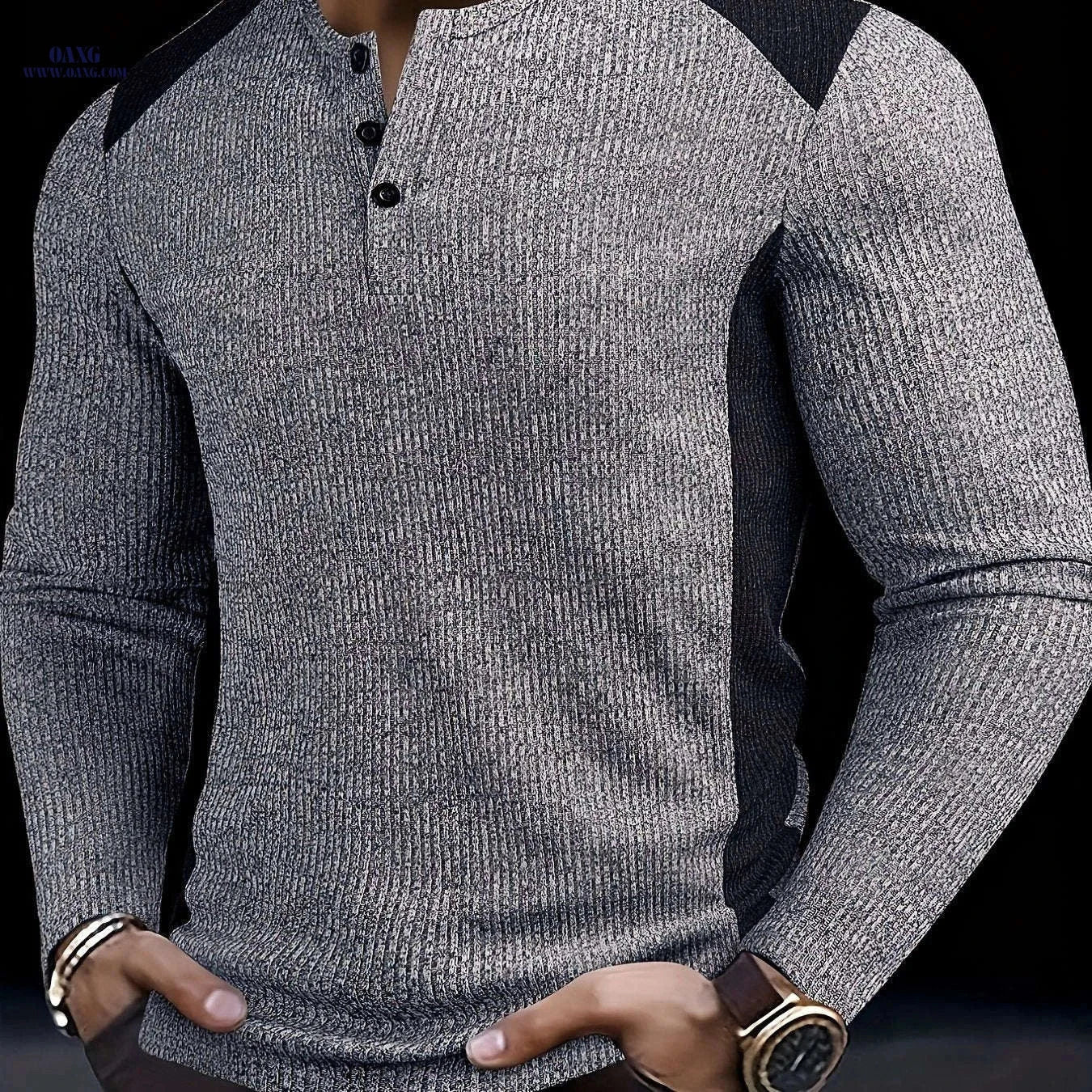 Men's Slim-Fit Ribbed Henley Shirt - Casual Two-Tone Long Sleeve   OAXG 
