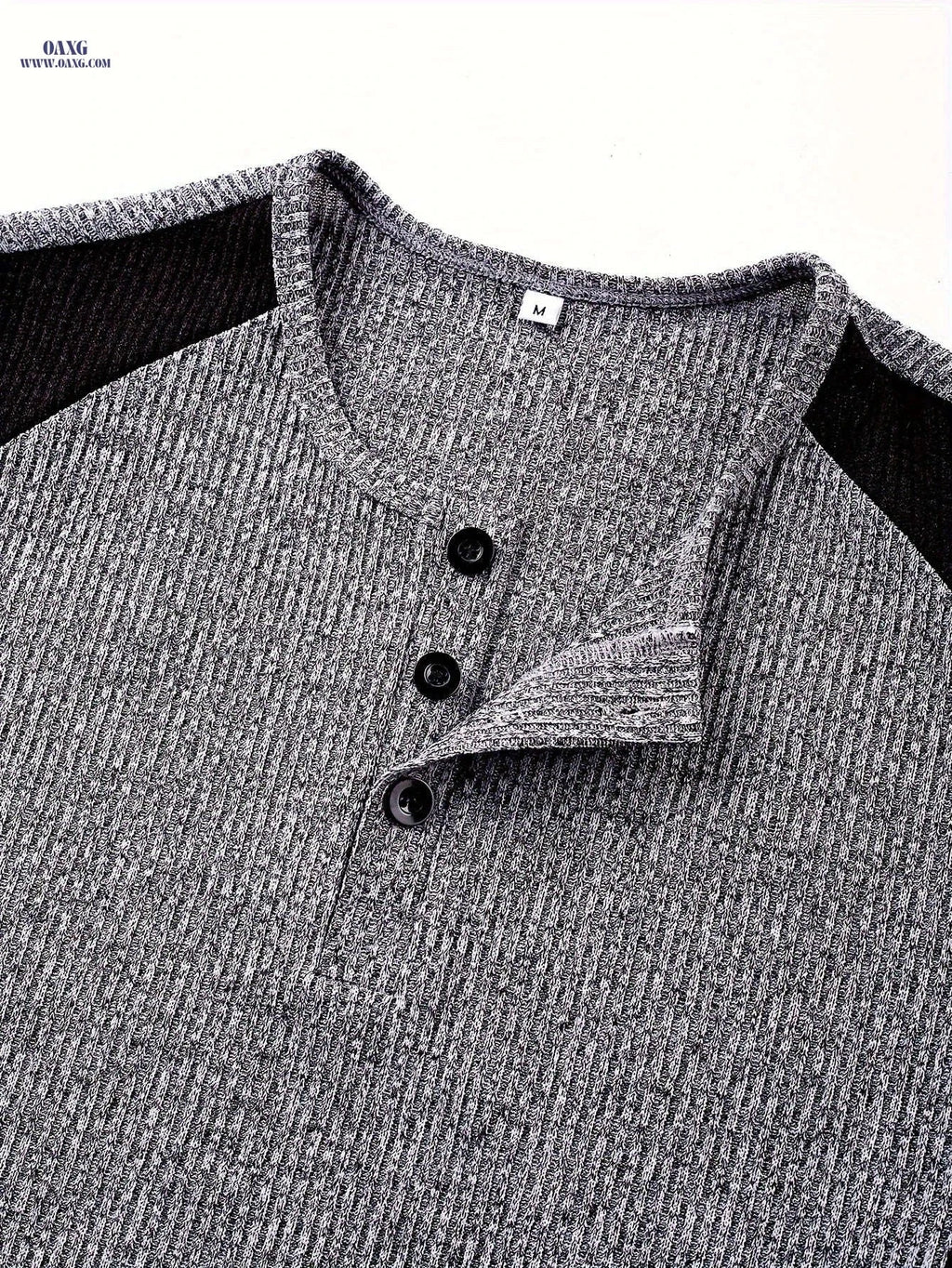 Men's Slim-Fit Ribbed Henley Shirt - Casual Two-Tone Long Sleeve   OAXG 
