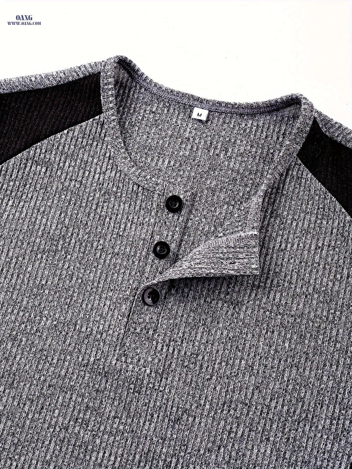 Men's Slim-Fit Ribbed Henley Shirt - Casual Two-Tone Long Sleeve   OAXG 