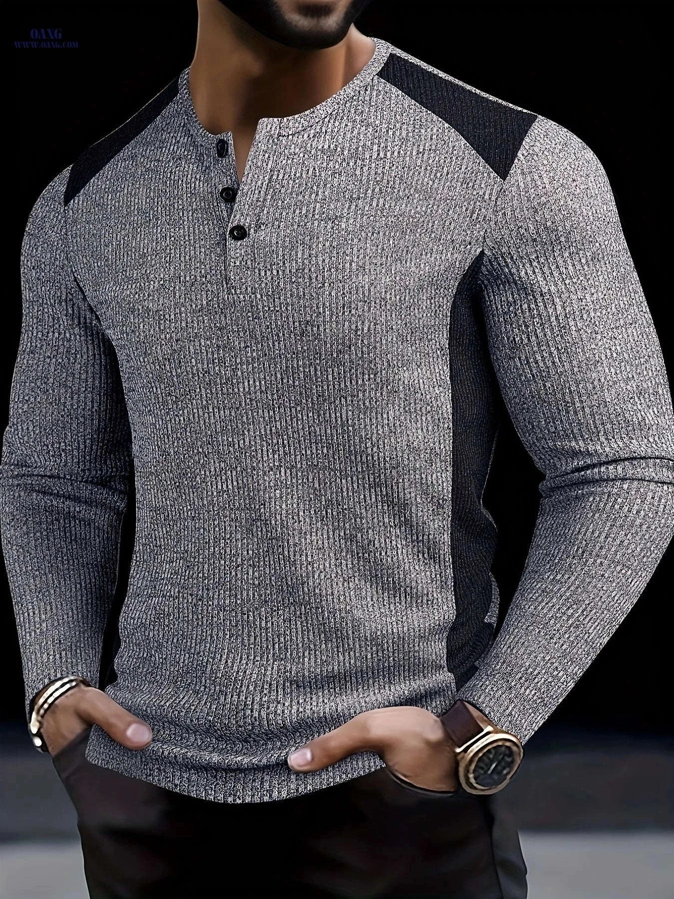 Men's Slim-Fit Ribbed Henley Shirt - Casual Two-Tone Long Sleeve   OAXG Dark Gray / FR S