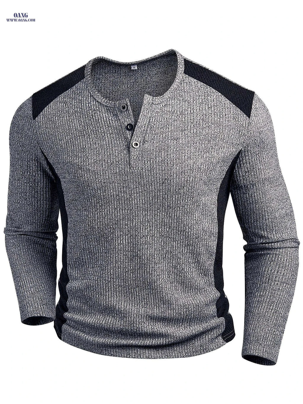 Men's Slim-Fit Ribbed Henley Shirt - Casual Two-Tone Long Sleeve   OAXG Dark Gray / FR S