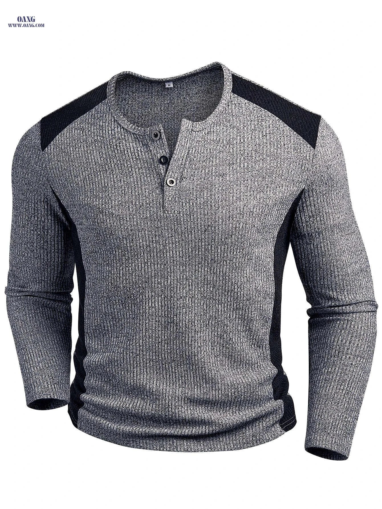 Men's Slim-Fit Ribbed Henley Shirt - Casual Two-Tone Long Sleeve   OAXG Dark Gray / FR S