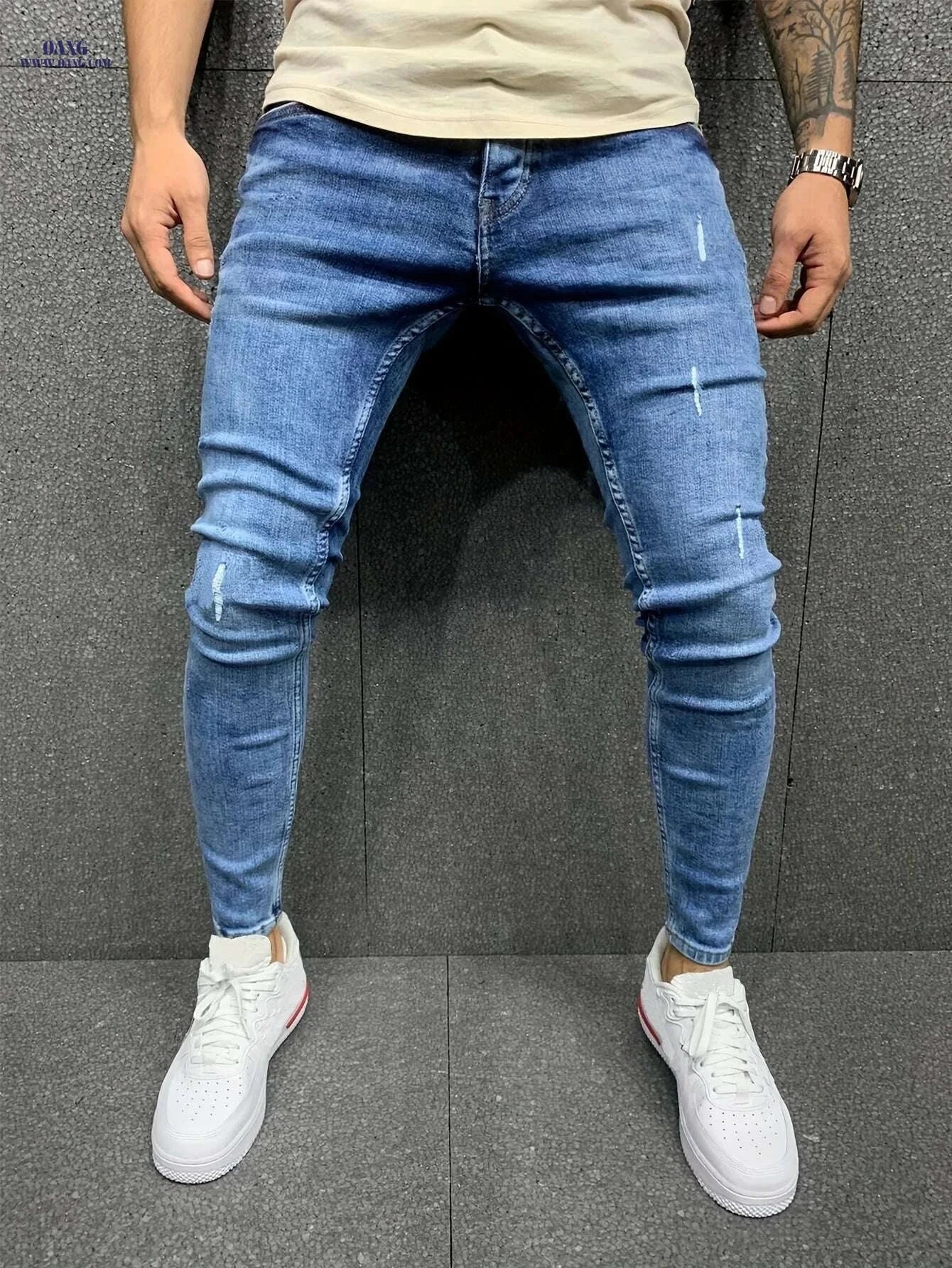 Men's Slim Fit Ripped Denim Jeans - Stylish Stretch Casual Pants   OAXG Royal Blue / S