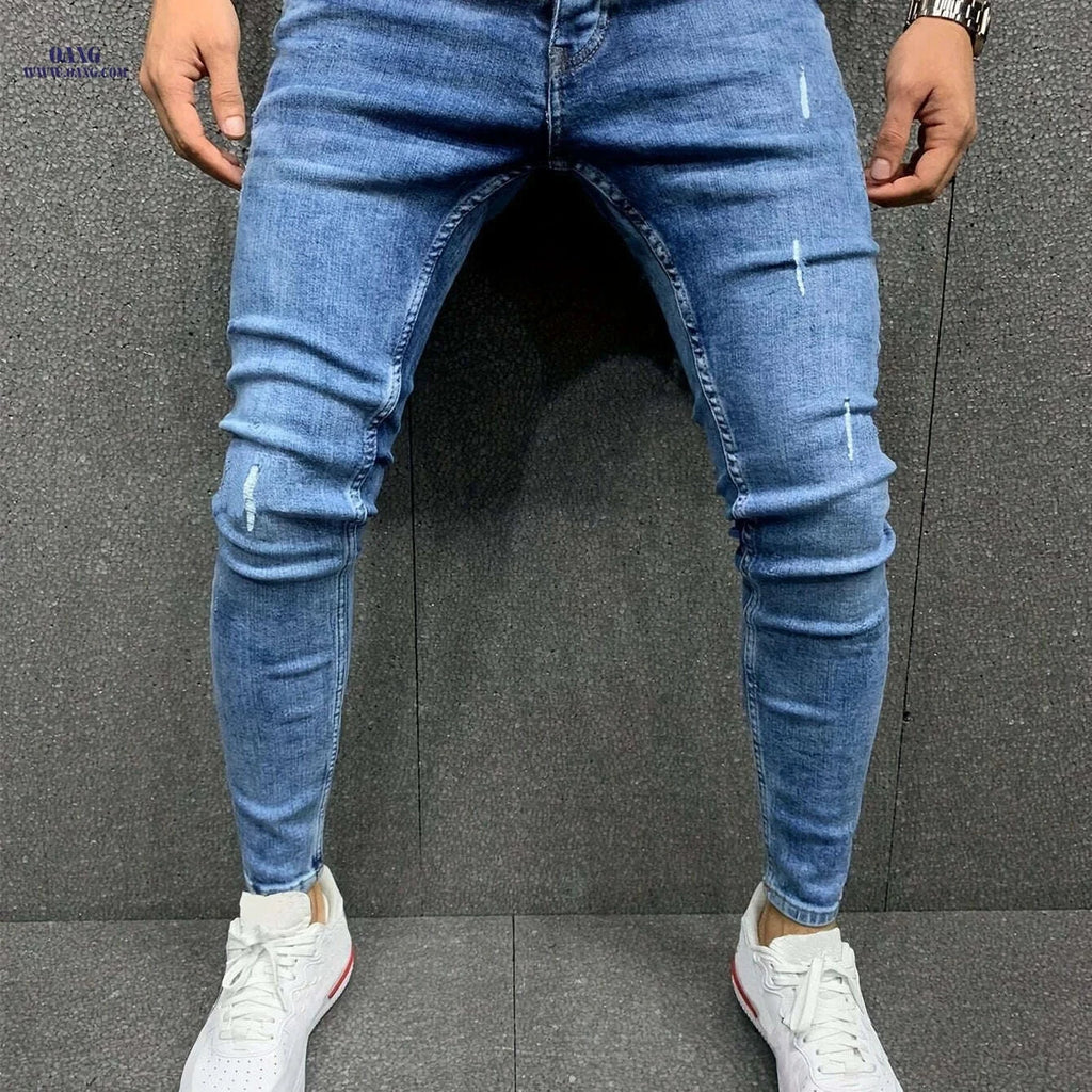 Men's Slim Fit Ripped Denim Jeans - Stylish Stretch Casual Pants   OAXG Royal Blue / S