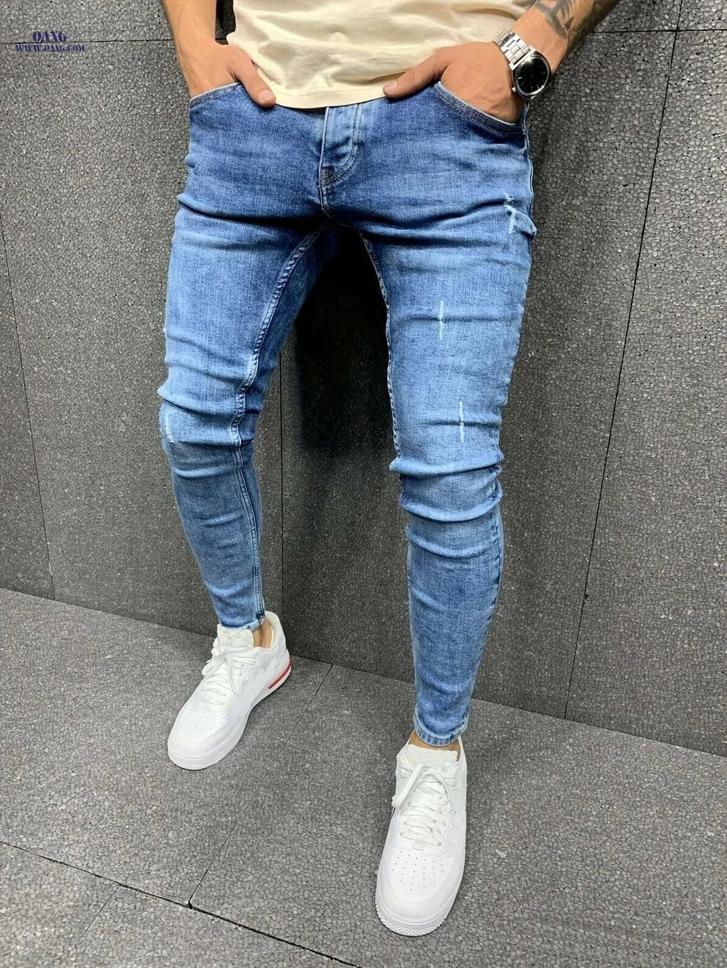 Men's Slim Fit Ripped Denim Jeans - Stylish Stretch Casual Pants   OAXG Royal Blue / S